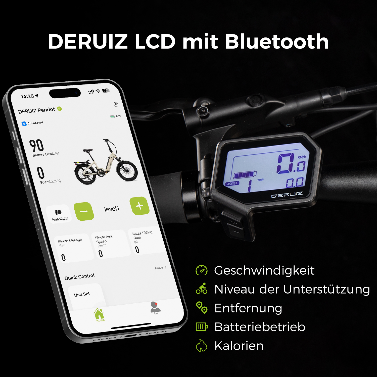 Ein Telefon, das Fahrräderinformationen anzeigt, und ein Fahrradcomputer, der Geschwindigkeit und Akkustand zeigt.