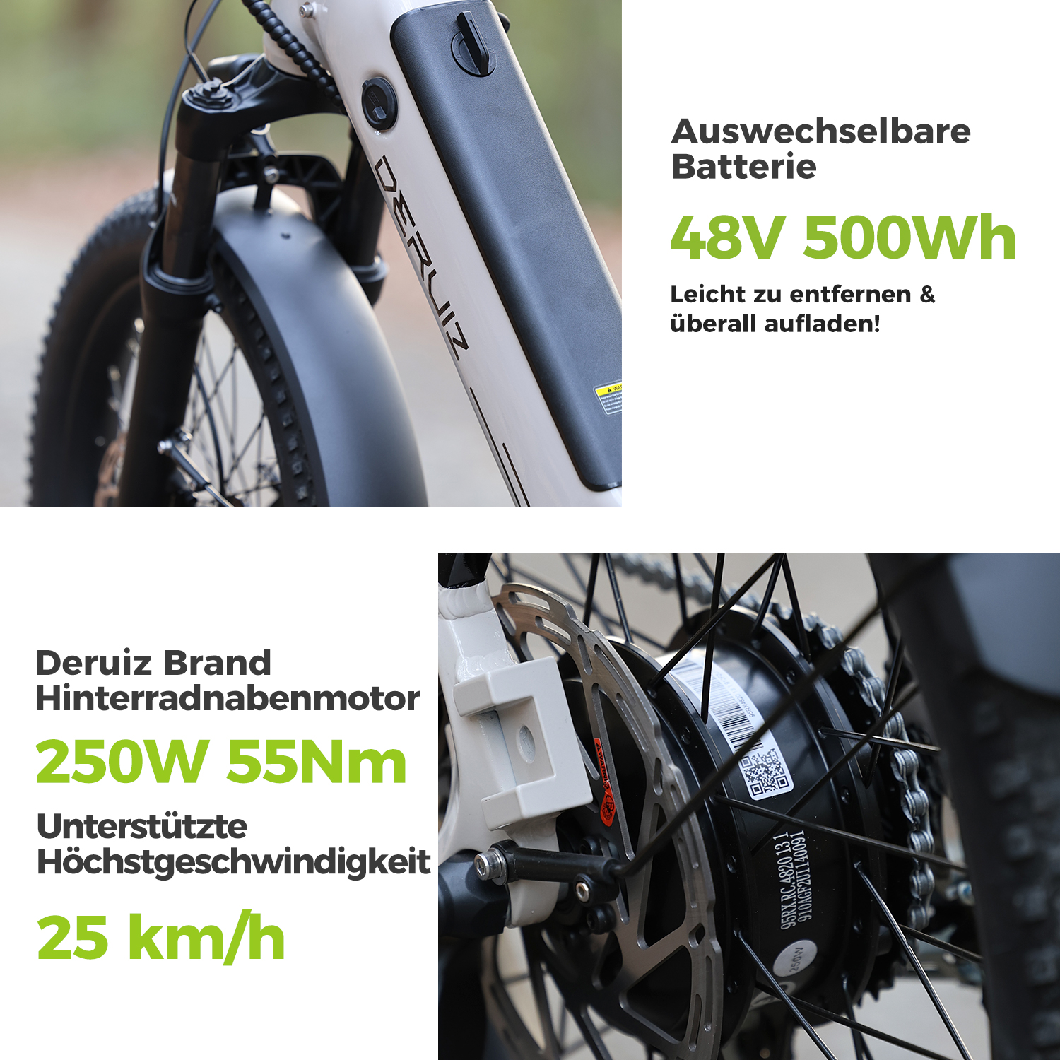 Nahaufnahme von E-Bike-Teilen, Text auf dem Bild. Details des Fahrrads.