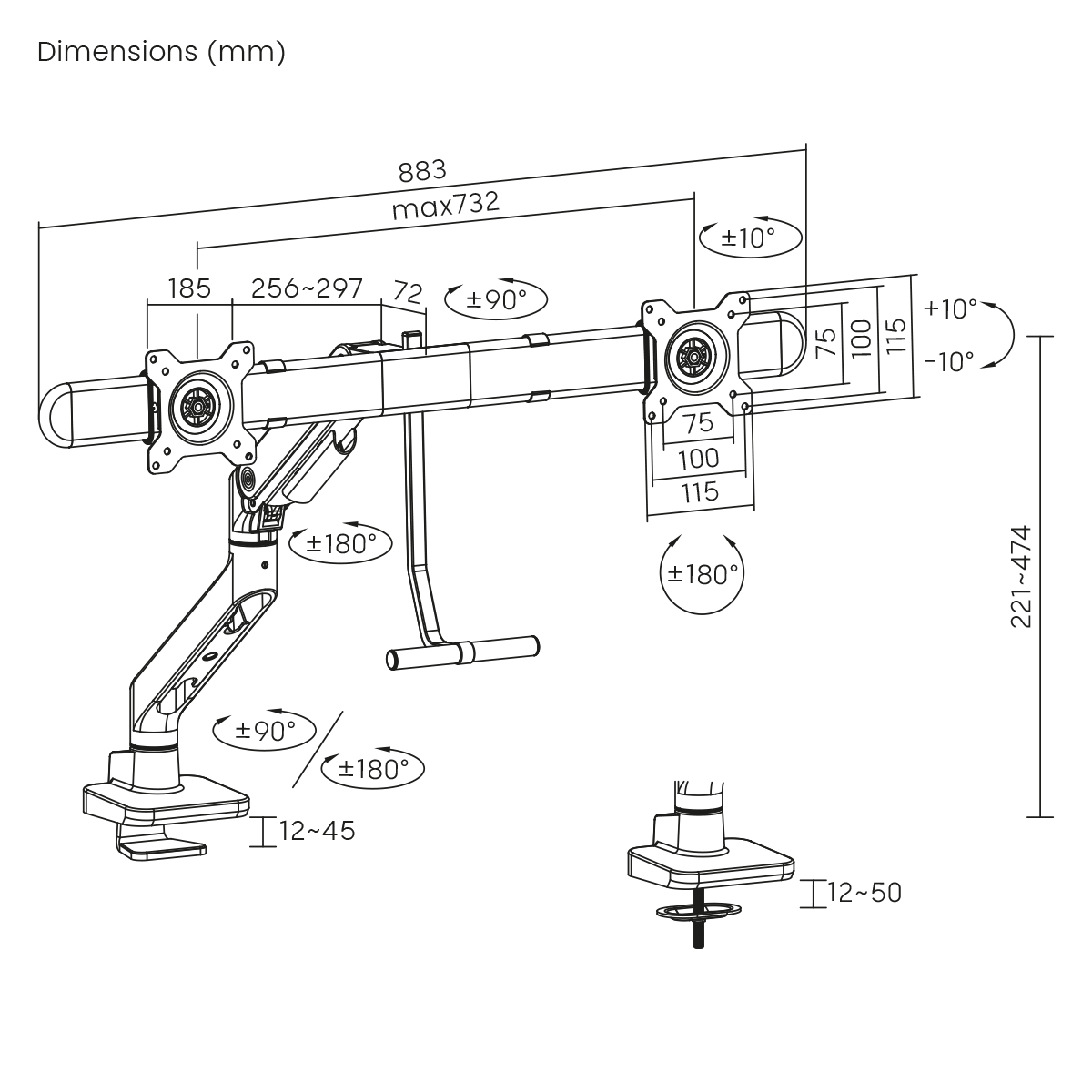 Diagramm eines Monitorarms, mit Maßen und Winkeln, auf weißem Hintergrund.