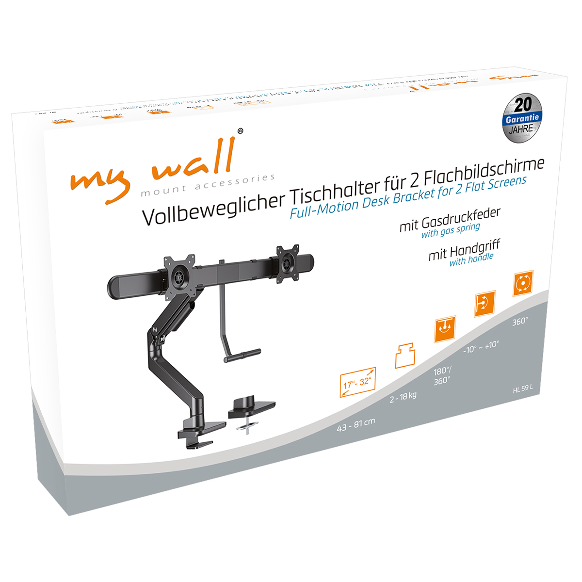 Eine Box mit Text für eine Schreibtischhalterung für zwei Flachbildschirme. Ein schwarzer Monitorarm ist auf der Box abgebildet.