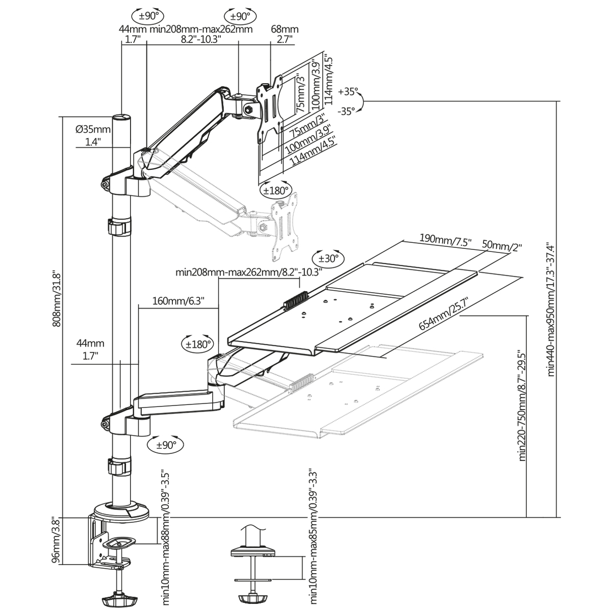Diagramm, das einen Monitorarm mit Messungen zeigt. Der Arm hat mehrere Gelenke und eine Klemme.