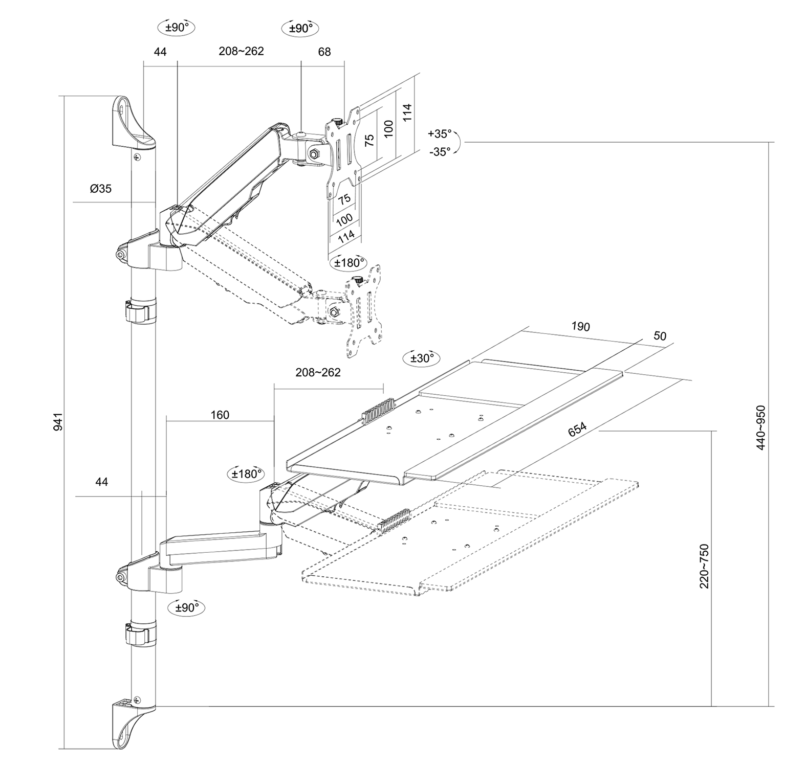 Technische Zeichnung mit Abmessungen eines Monitorarms. Inklusive Maße in Millimetern.