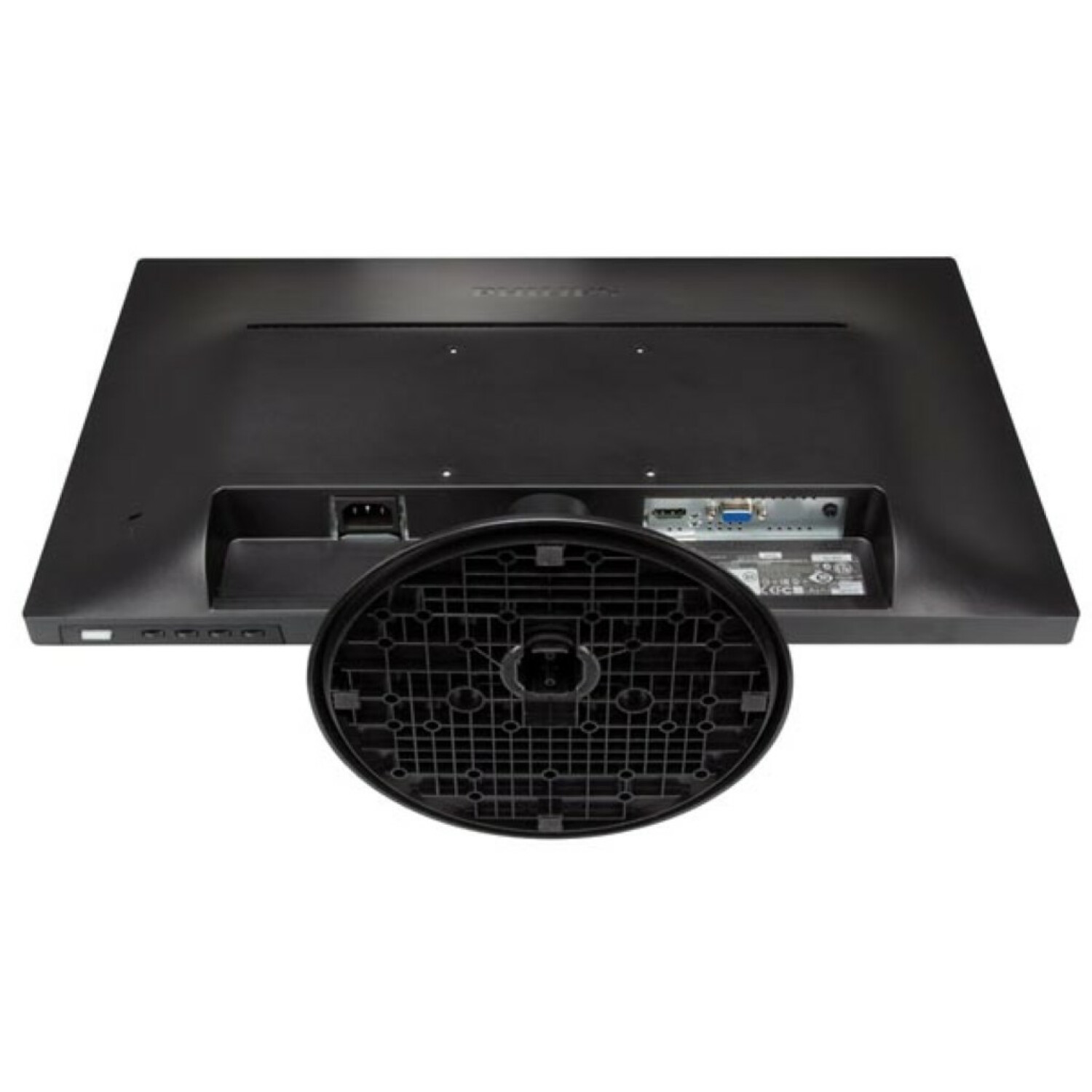 Tył czarnego monitora, pokazujący porty, mocowanie podstawy i logo Philips.