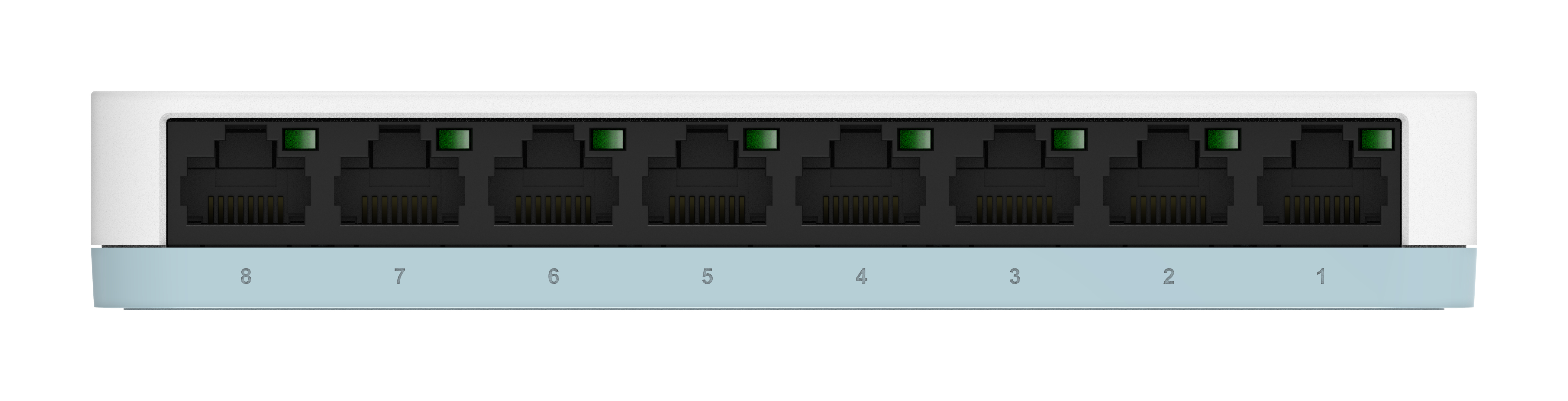 Weißer Netzwerk-Switch mit acht schwarzen Anschlüssen und grünen Lichtern. Die Zahlen 1-8 sind unten sichtbar.
