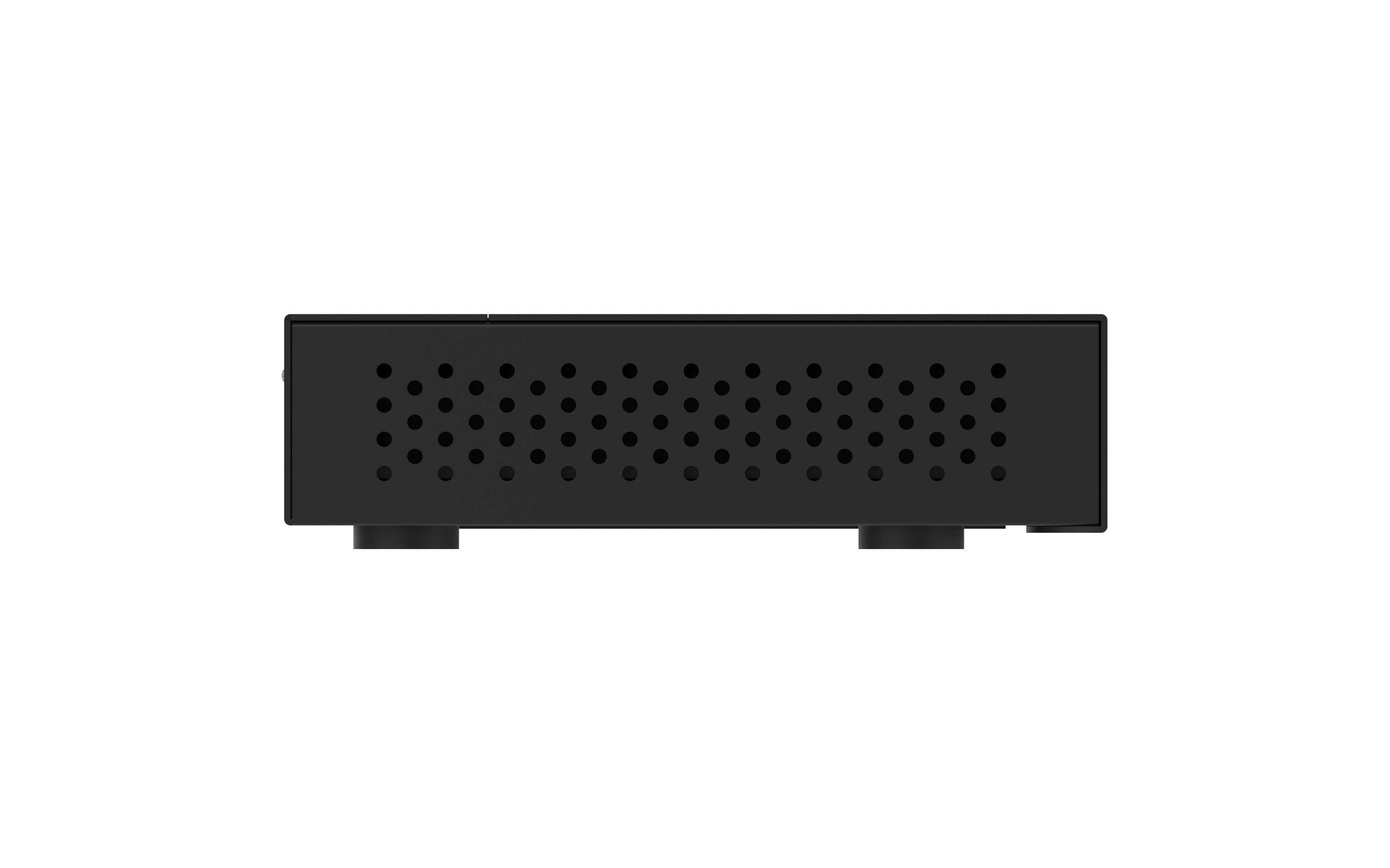 Mały, czarny przełącznik sieciowy z otworami wentylacyjnymi, widok z przodu.