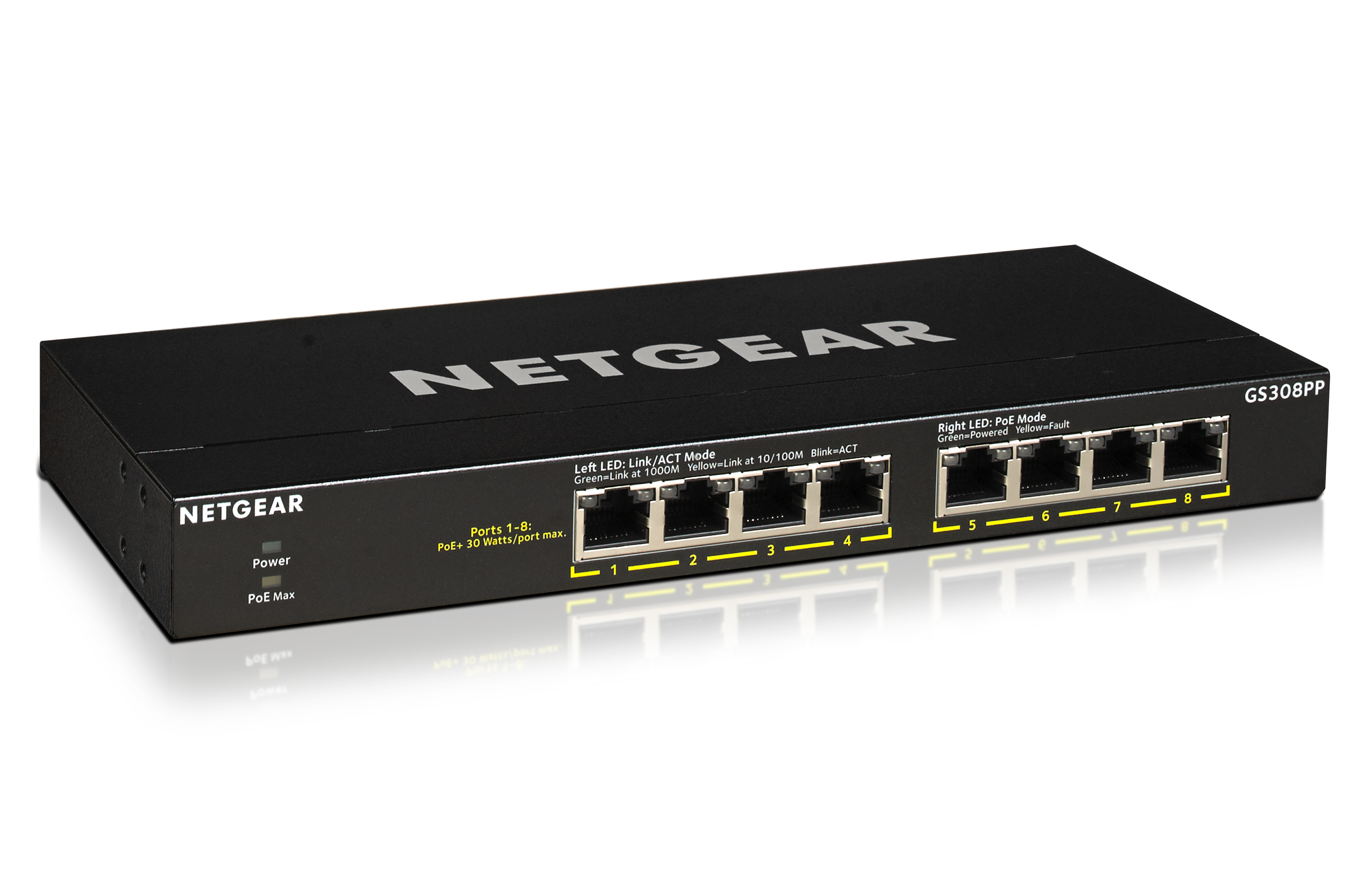 Czarny przełącznik sieciowy NETGEAR z 8 portami. Porty są numerowane od 1 do 8. Białe tło.