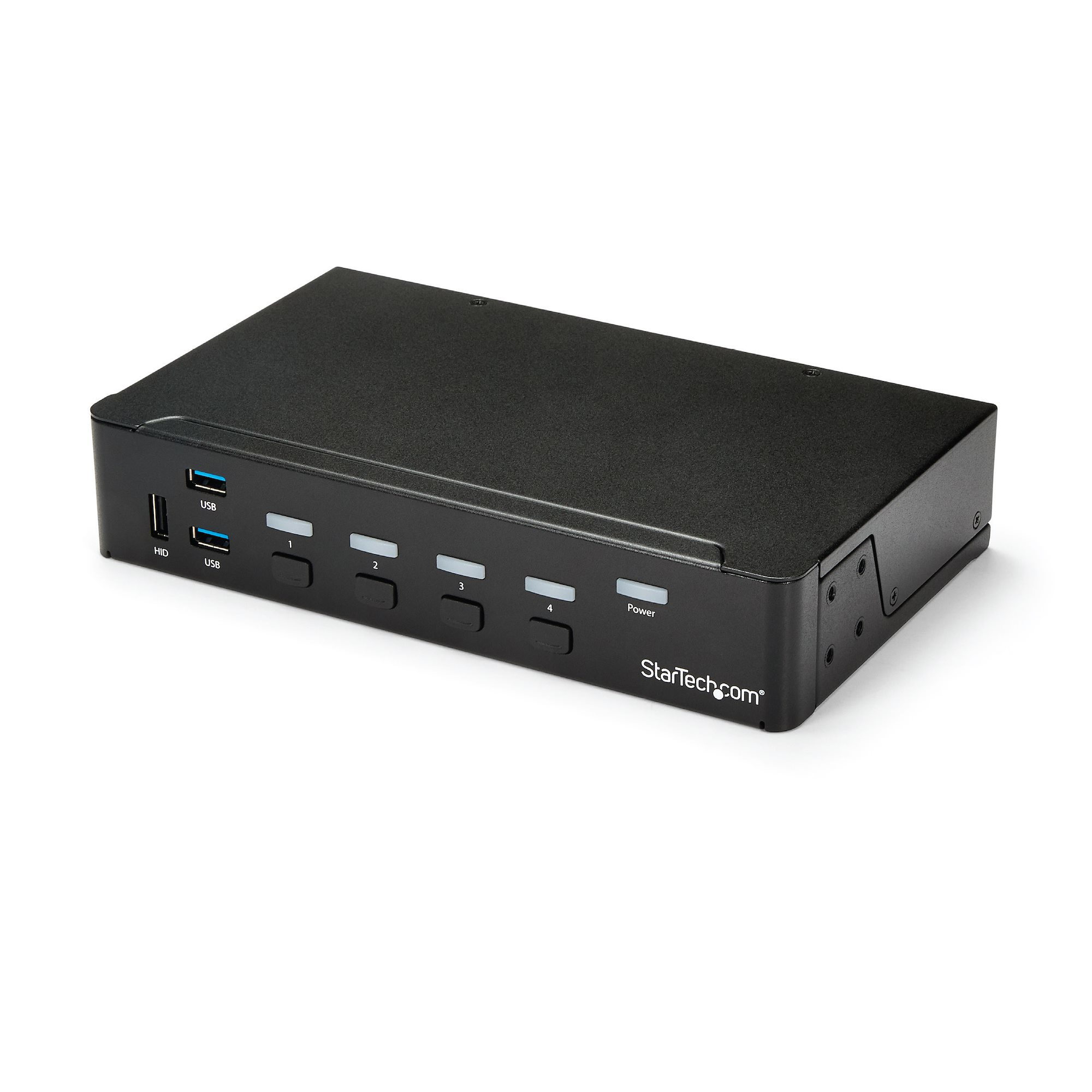 Zwarte StarTech USB-switch met vier knoppen, USB- en HDMI-poorten.