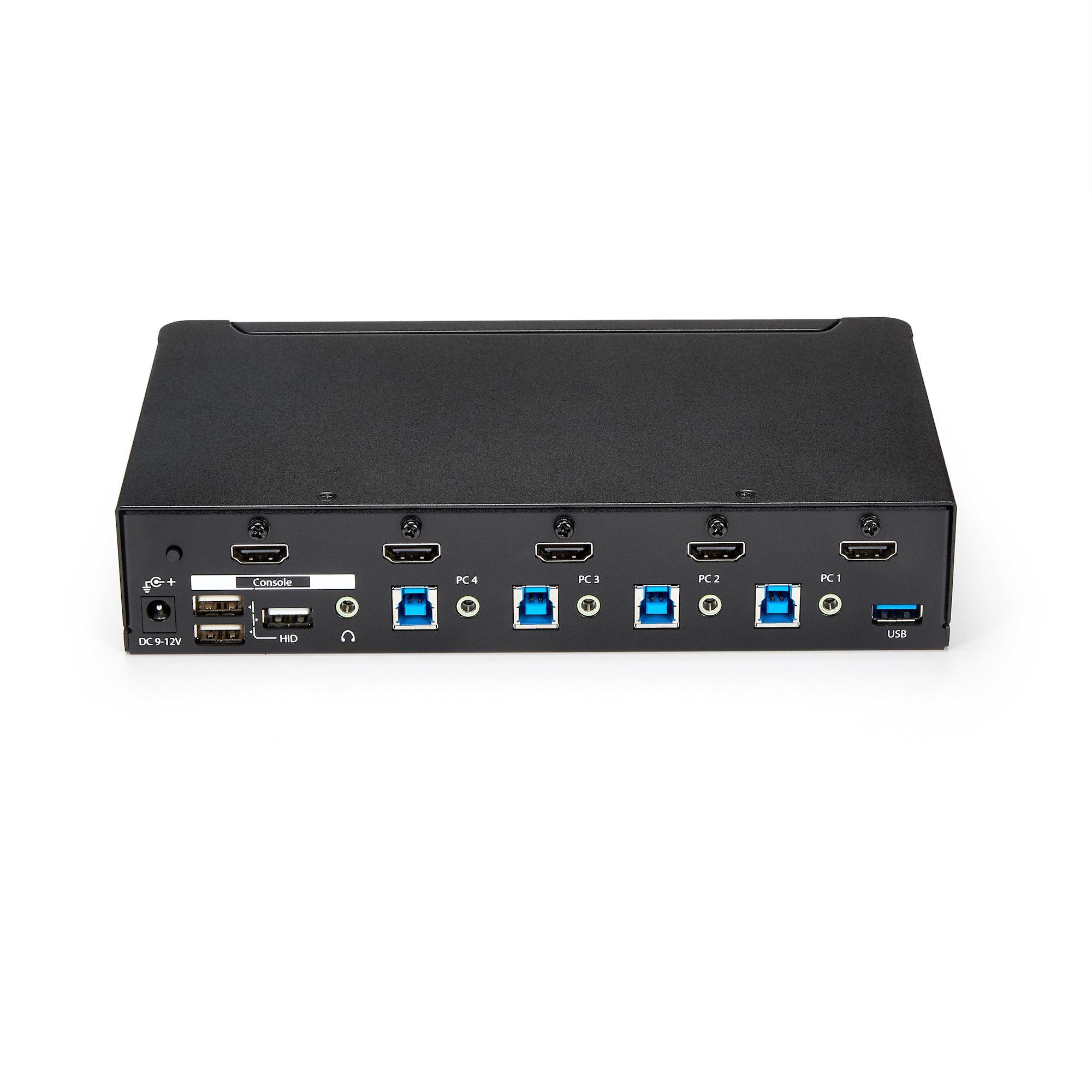 Zwarte KVM-switch met diverse poorten: USB, HDMI, audio. Voor meerdere pc's.