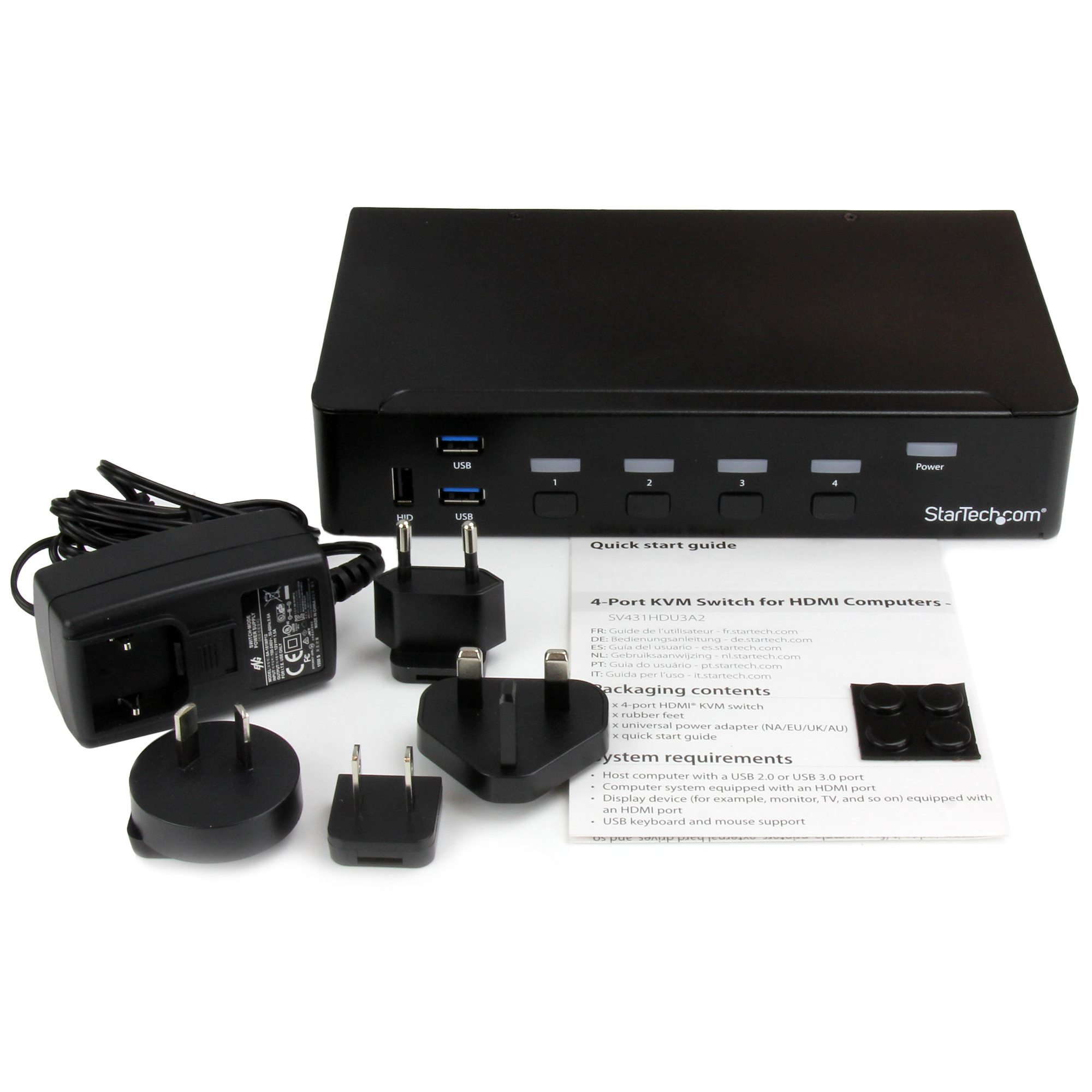 Twee zwarte apparaten met meerdere poorten. Ze hebben poorten zoals HDMI, USB en Ethernet.