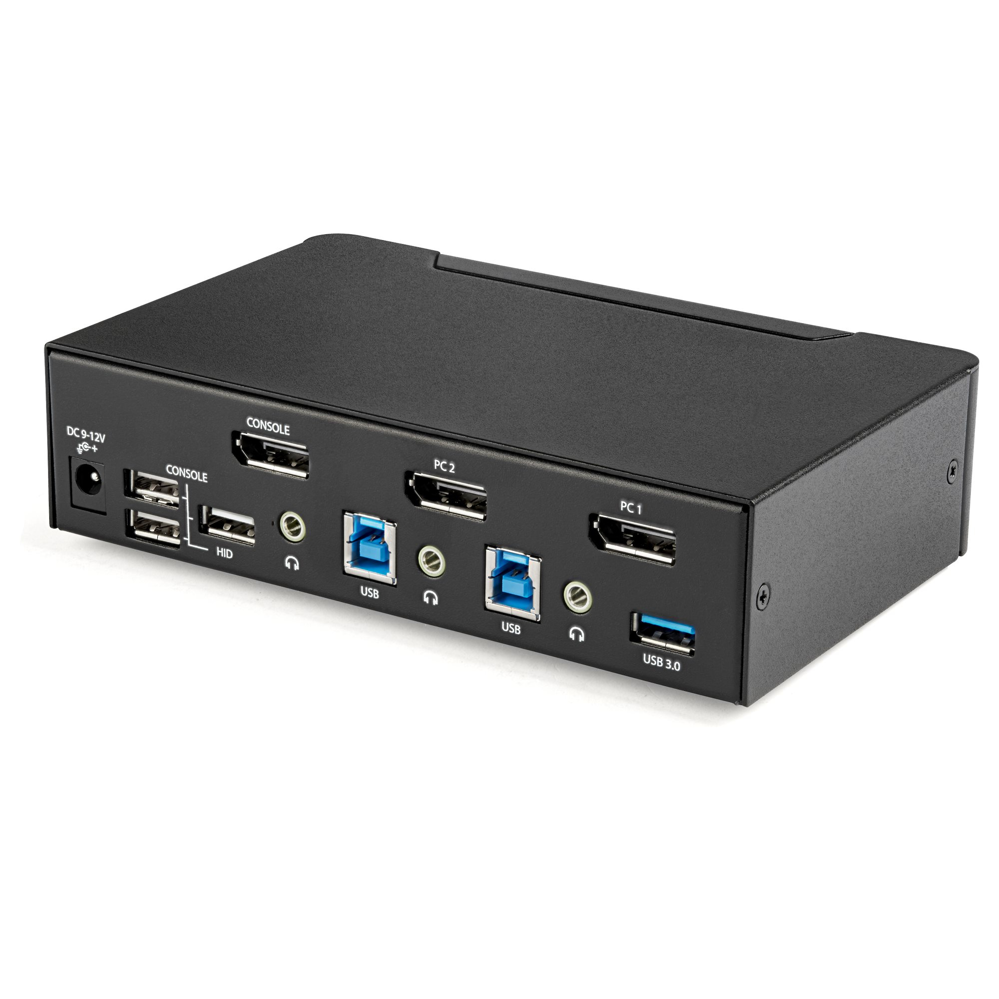 Schwarzes Gerät mit mehreren Anschlüssen, einschließlich USB und HDMI. Weißer Hintergrund.