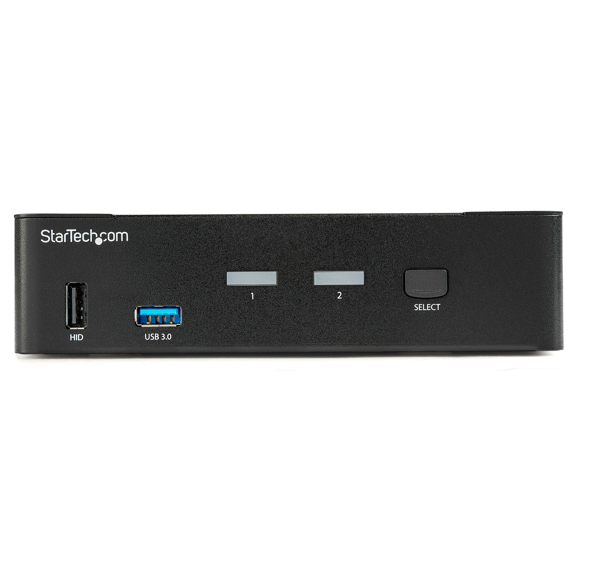 Schwarzes StarTech.com-Gerät mit Anschlüssen, USB 3.0, HID und Auswahltaste, weißer Hintergrund.