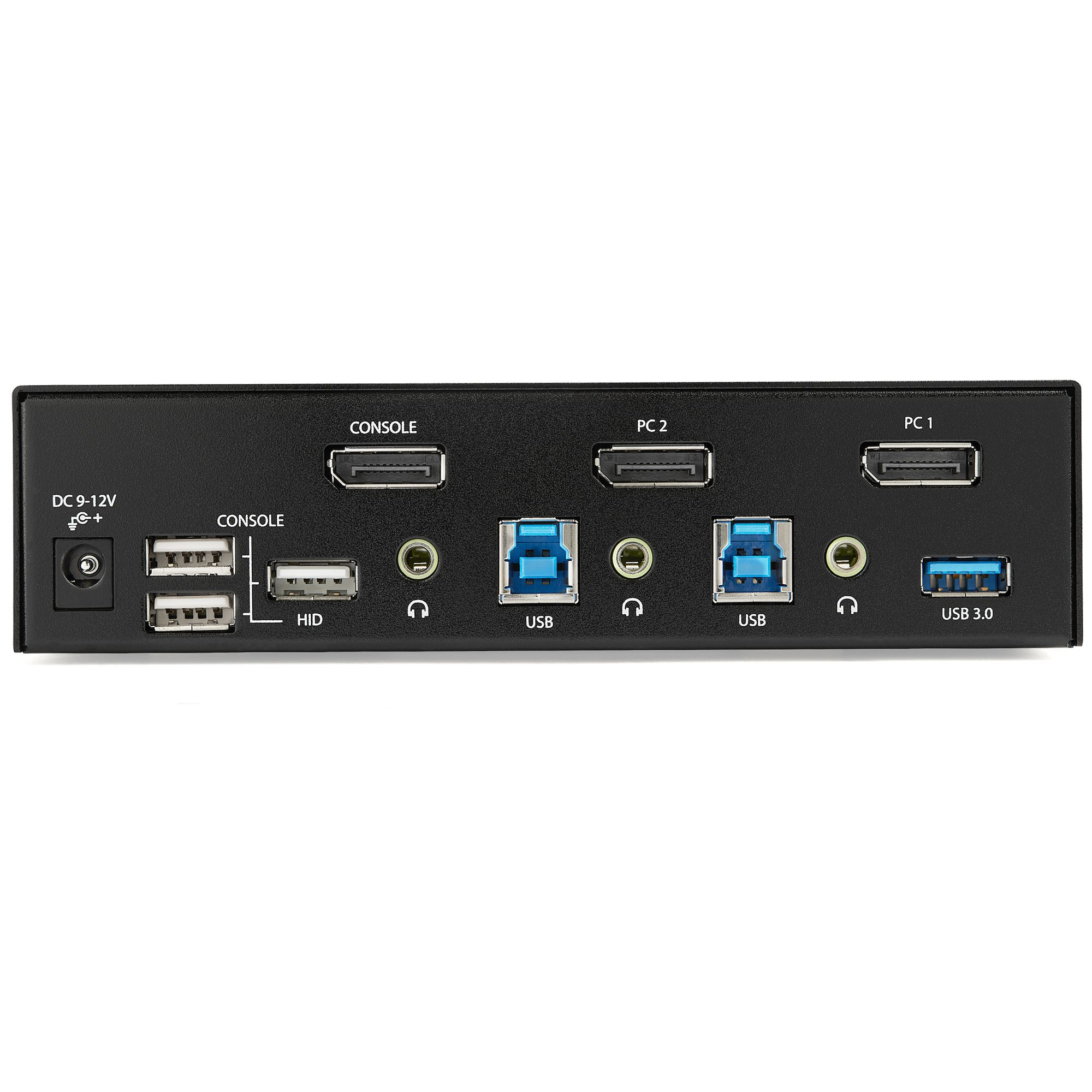 Ein schwarzer KVM-Switch mit verschiedenen Anschlüssen auf weißem Hintergrund.