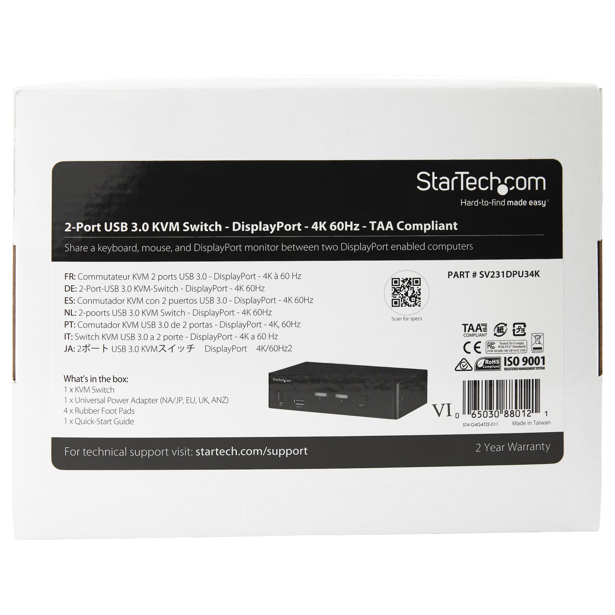 Karton mit StarTech 2-Port USB 3.0 KVM-Switch. Text und Diagramme sind auf weißem Hintergrund.