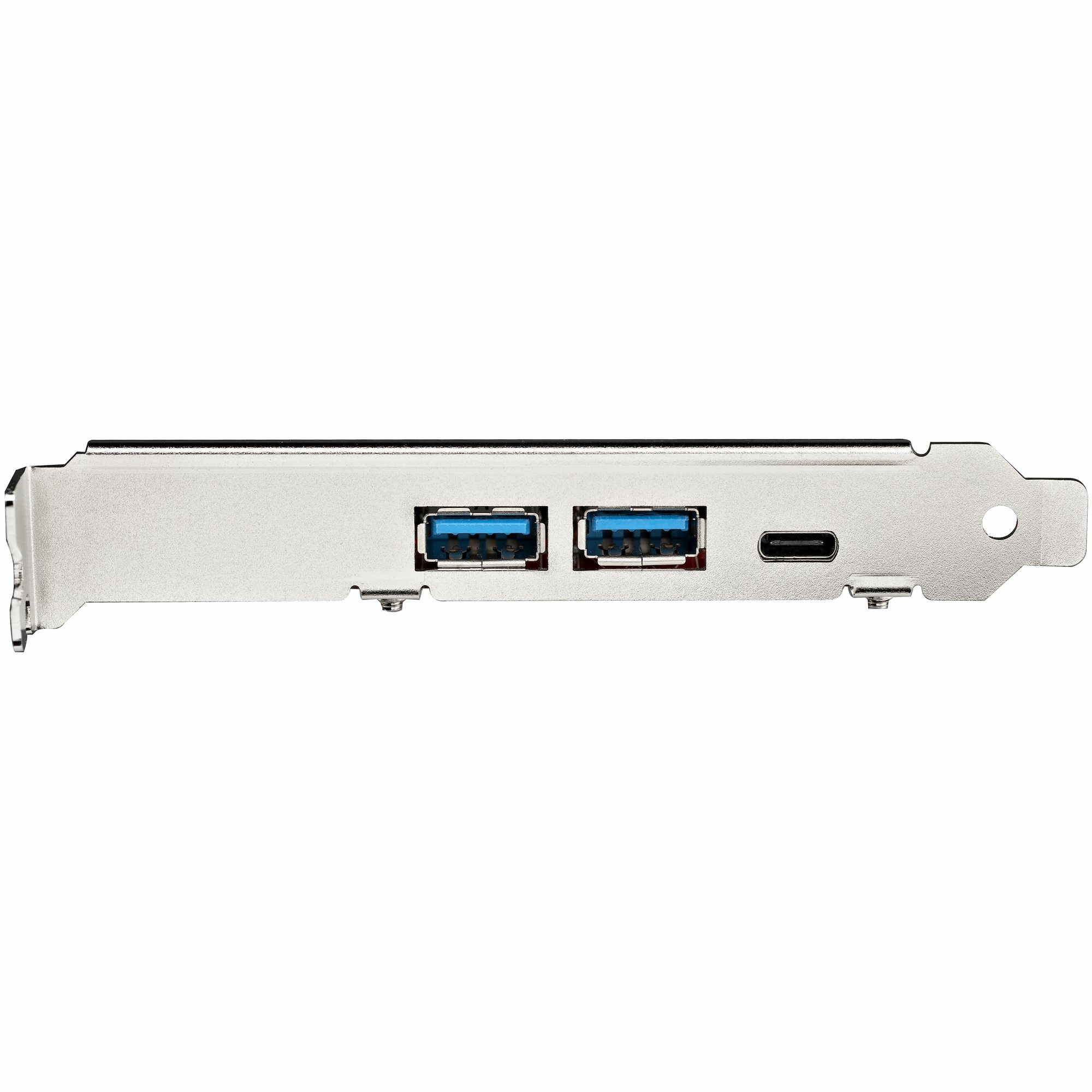 Eine silberne USB-Erweiterungskarte mit zwei USB-Anschlüssen und einem USB-C-Anschluss.