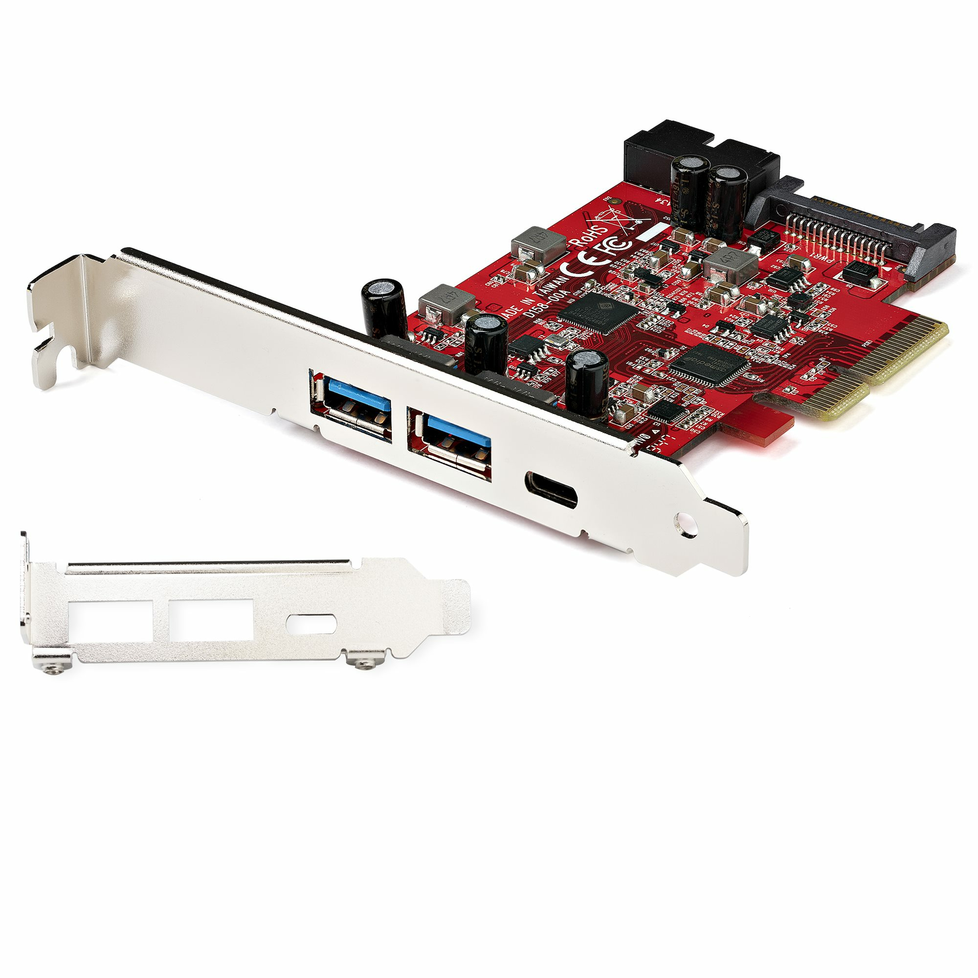 Rote und silberne Erweiterungskarte mit USB-Anschlüssen und einem kleineren Metallbügel.