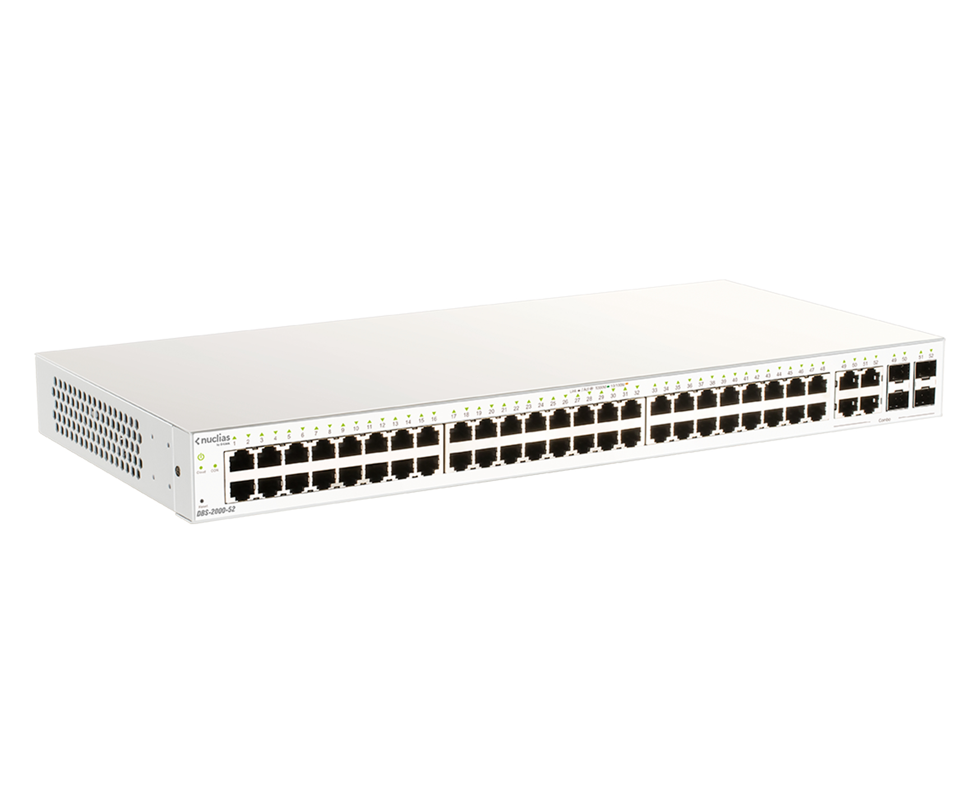 Switch di rete bianco con più porte. Marchio <lt/>nuclias<gt/> sulla parte anteriore.