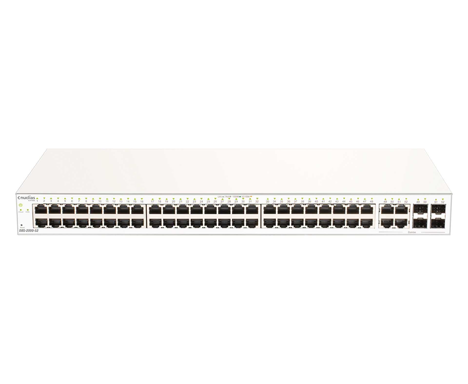 Switch di rete bianco con molte porte e luci. Il marchio è nucliS.