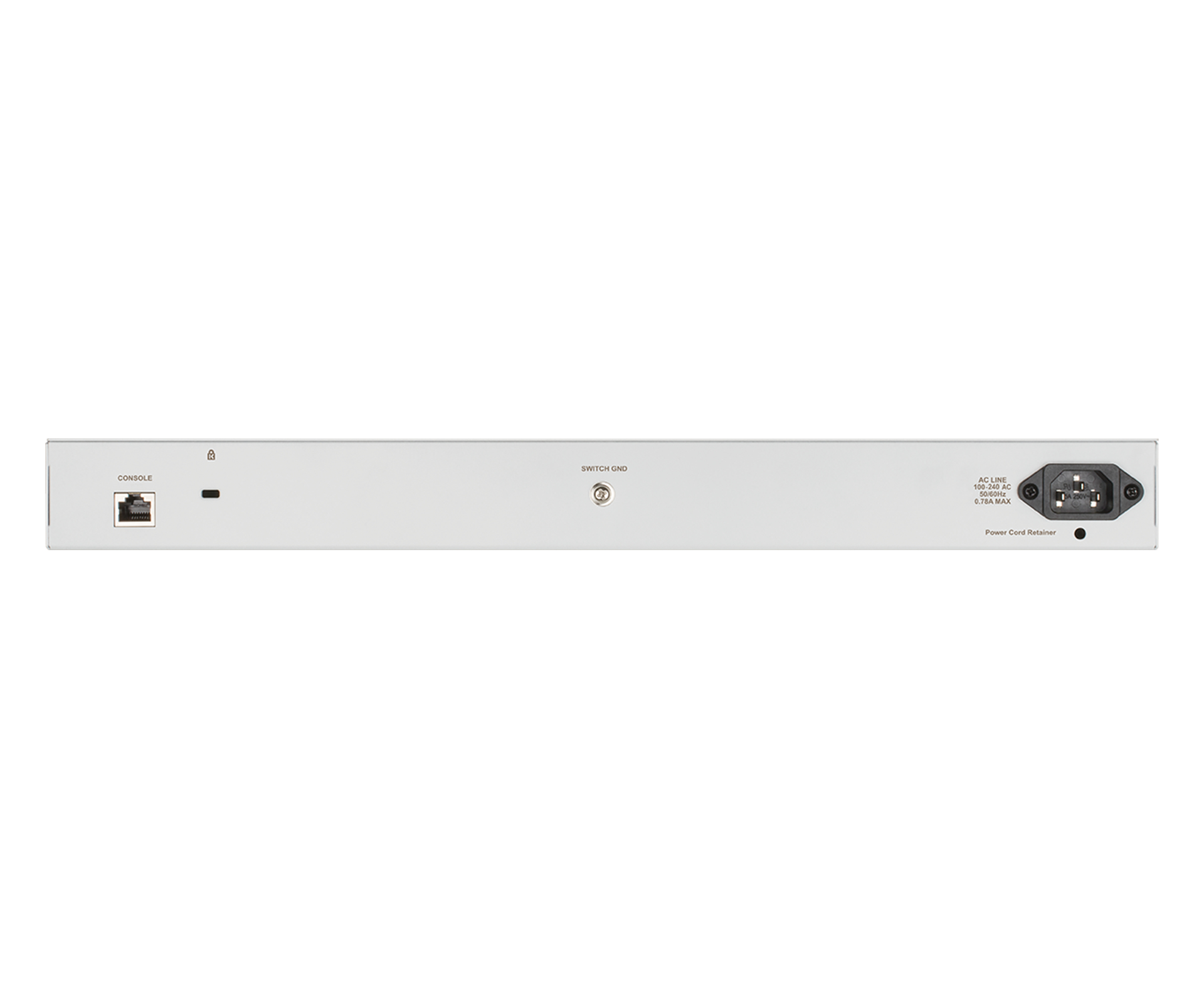 Retro di uno switch di rete bianco con varie porte. Cavo di alimentazione collegato.