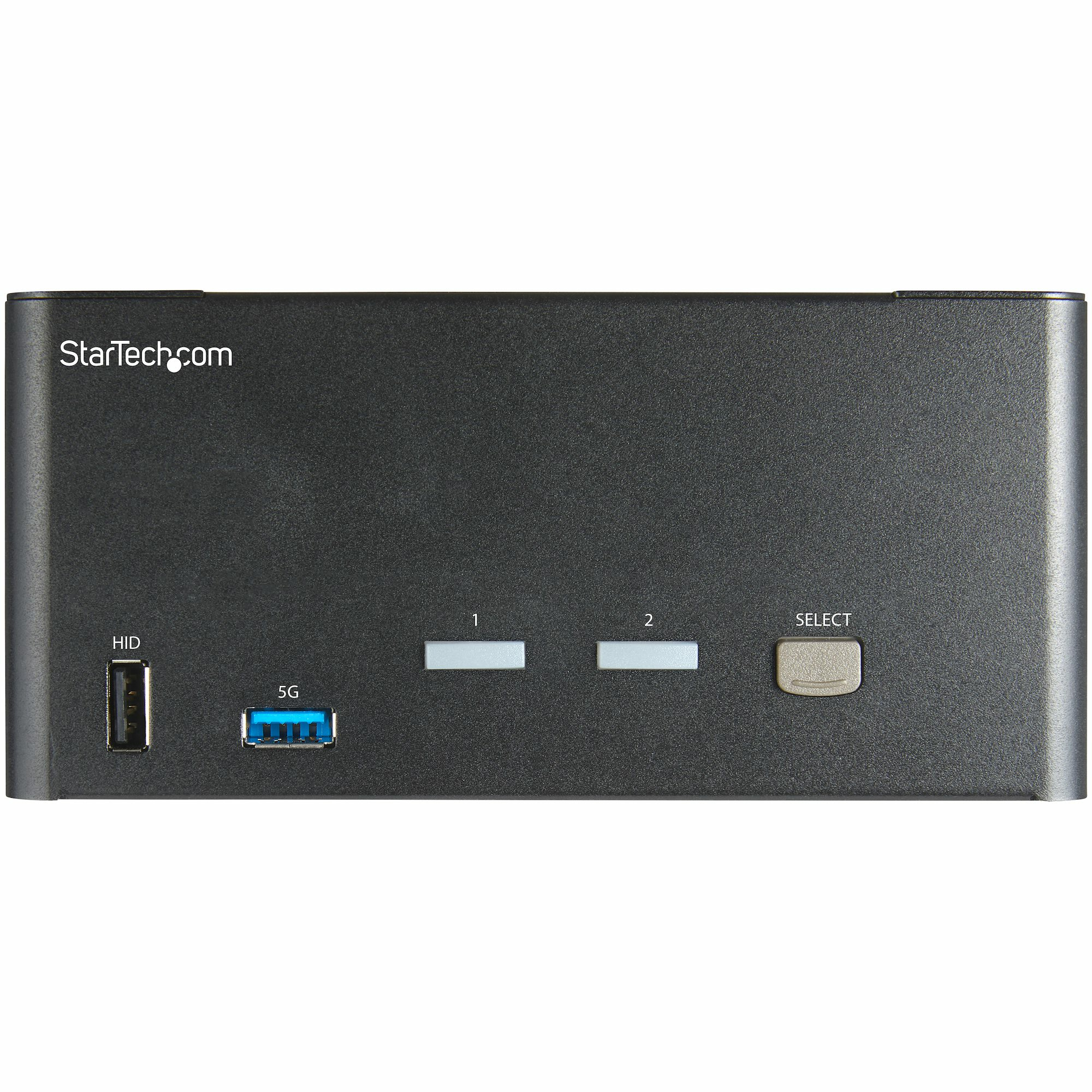 Schwarzes Gerät mit USB- und anderen beschrifteten Anschlüssen, Tasten und dem StarTech.com-Logo.