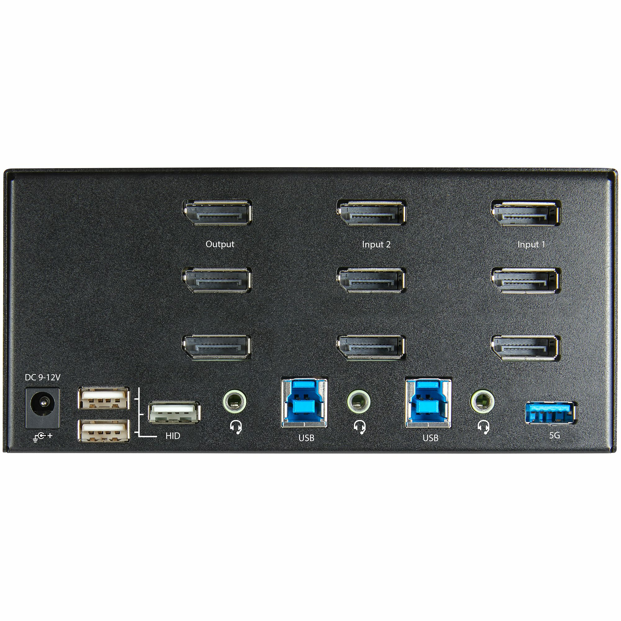 Schwarzes Gerät mit mehreren Anschlüssen: Ausgang, Eingang, USB und Audiobuchsen. Text: DC 9-12V und 5G.