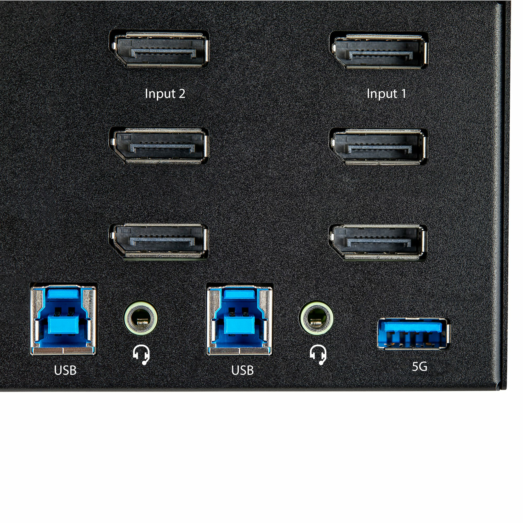 Eine schwarze Geräteplatte mit mehreren Eingangsanschlüssen, einschließlich USB und HDMI.