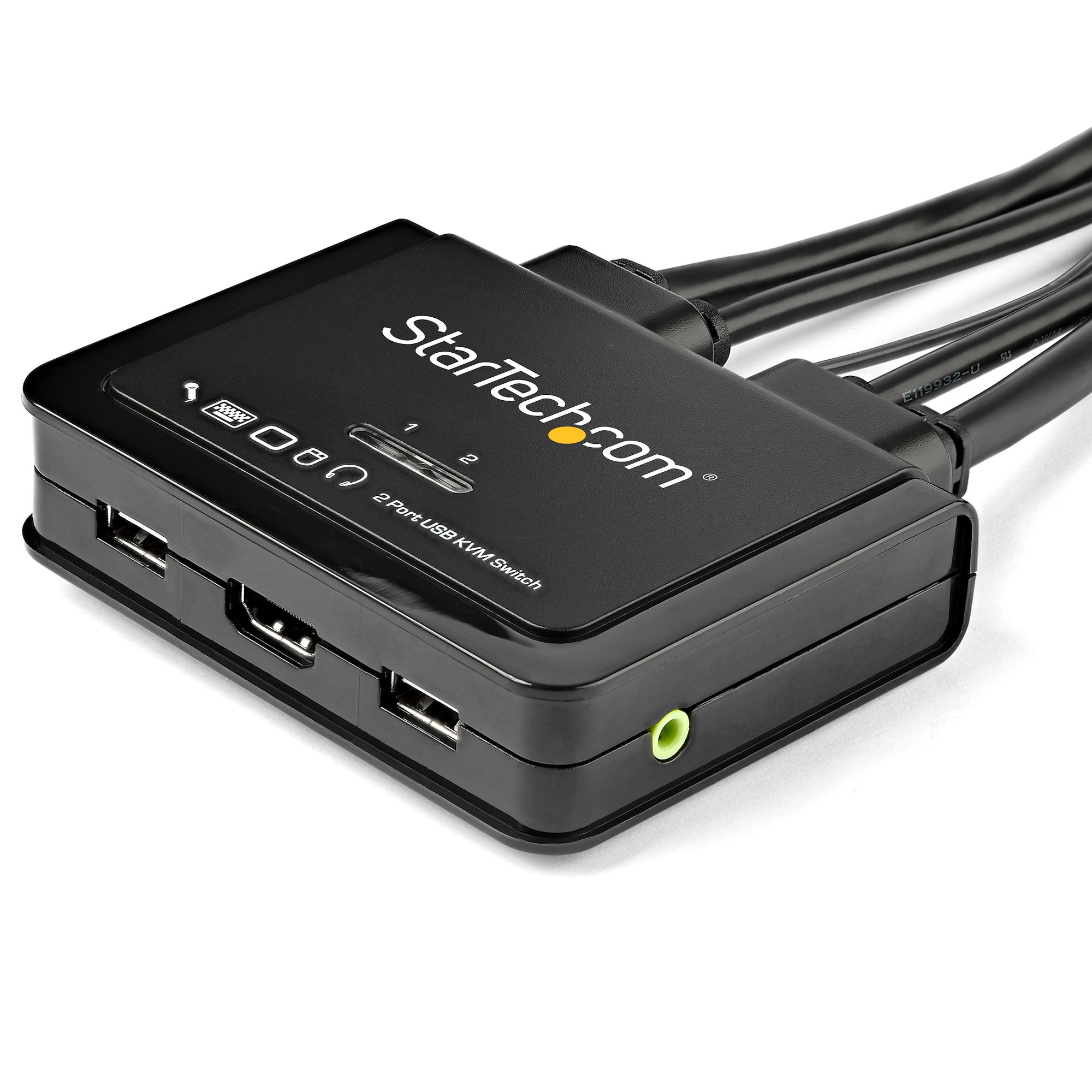 Conmutador KVM negro con puertos y cables, para conectar varios dispositivos a un monitor.