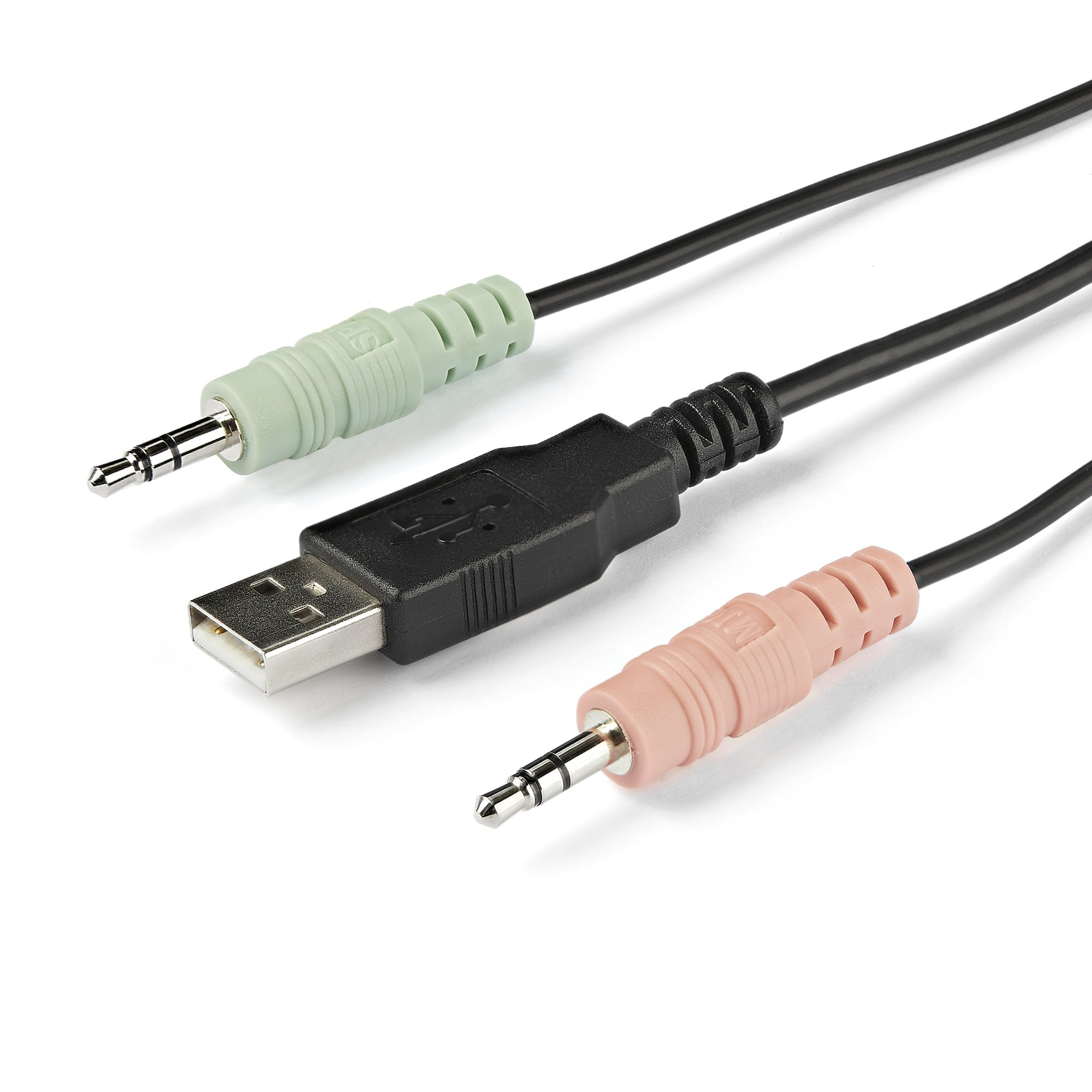 Tres cables de audio: conectores verde, negro y rosa. Puertos USB, jack de 3,5 mm y USB visibles.