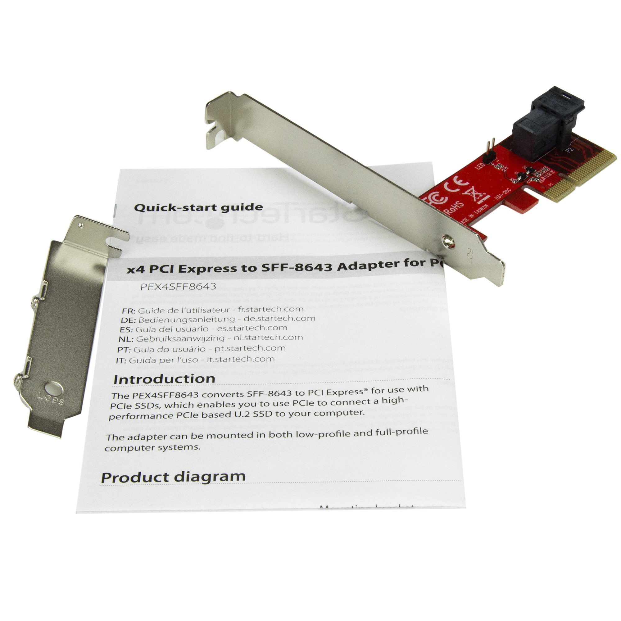 SFF-8643-zu-PCI-Express-Adapterkarte, Schnellstartanleitung und Stecker auf weißem Hintergrund.