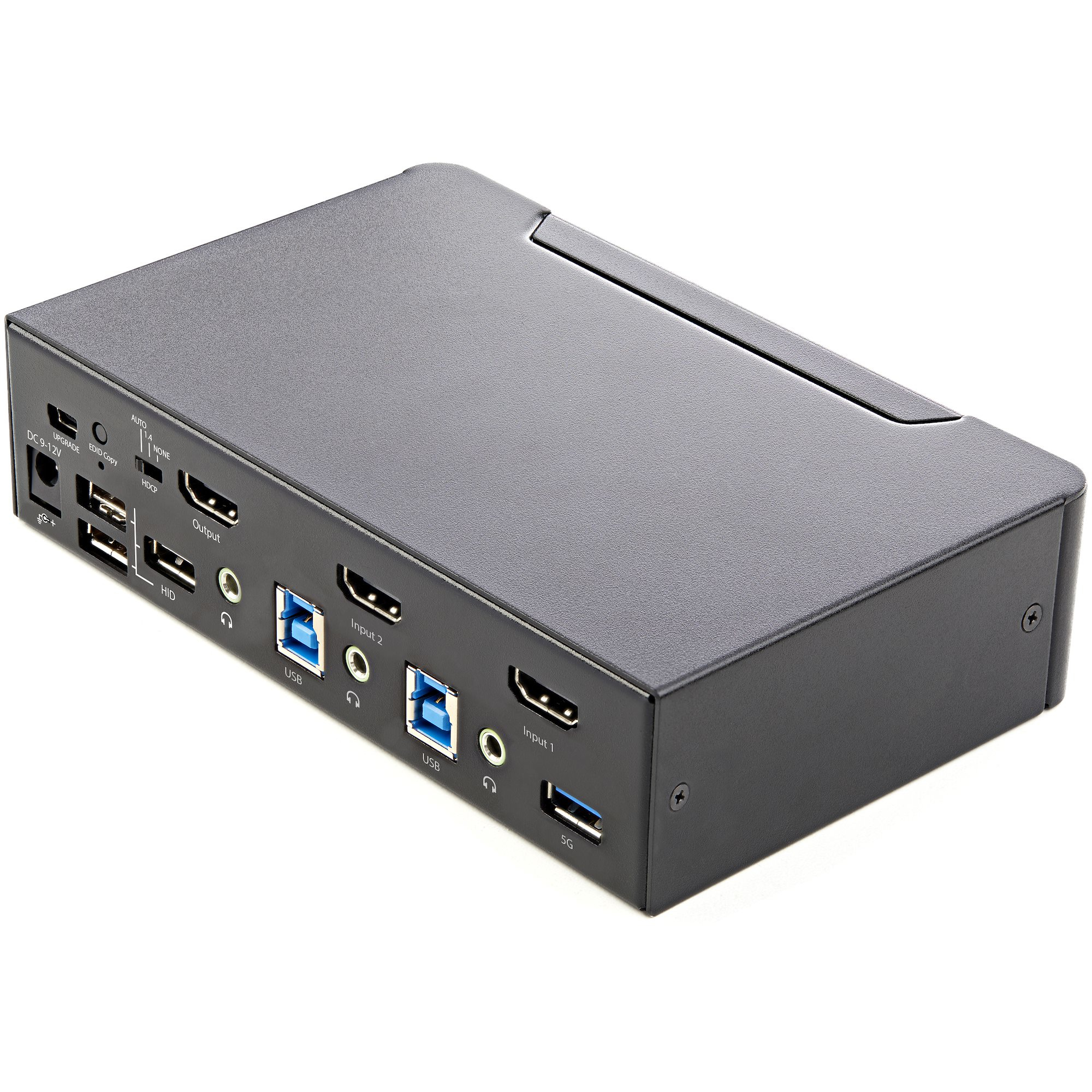 Caja negra con puertos: USB, HDMI y audio. Tiene una cubierta negra y fondo blanco.