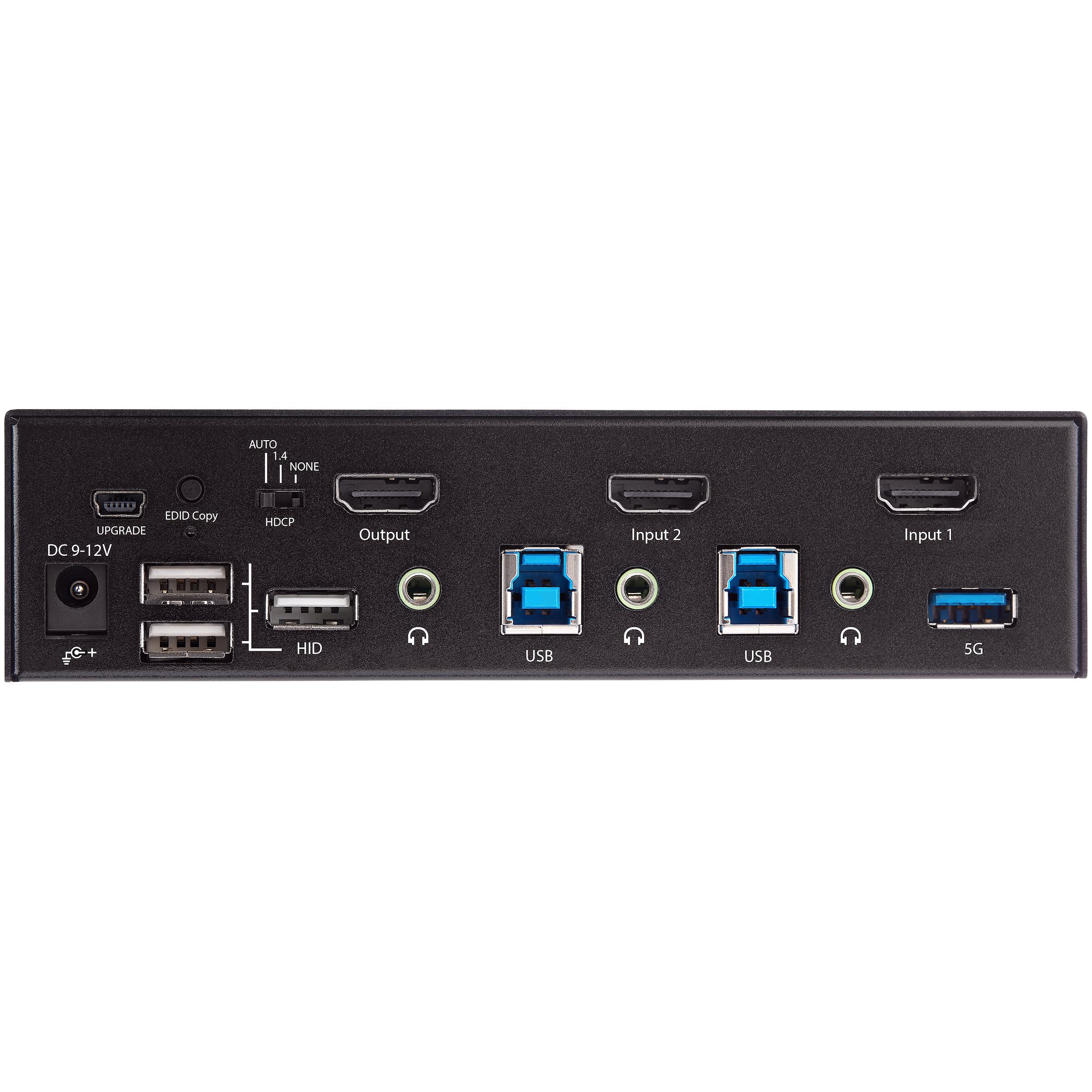 Un dispositivo negro con múltiples puertos y conexiones USB. Tiene etiquetas de 'Salida', 'Entrada' y 'USB'.