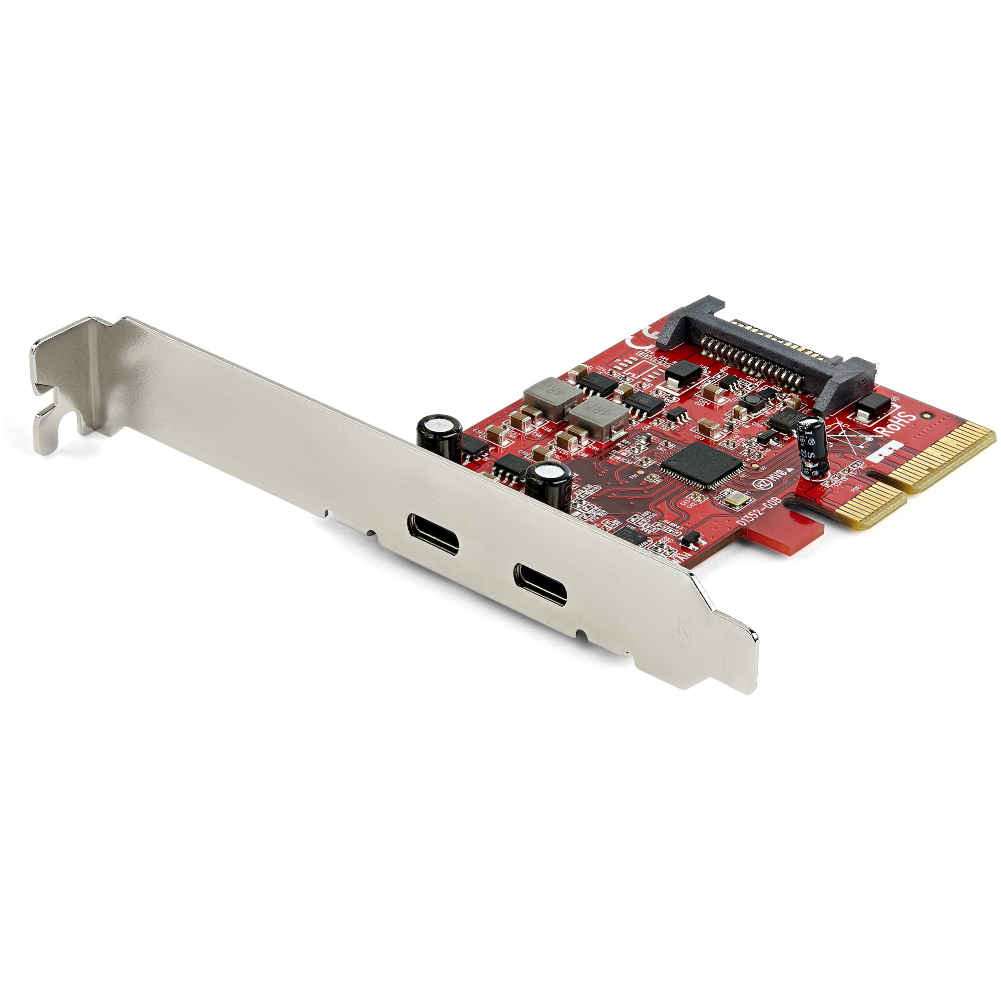 Rote Leiterplatte mit USB-Anschlüssen. Sie hat goldene Anschlüsse, einen silbernen Halter und elektronische Bauteile.