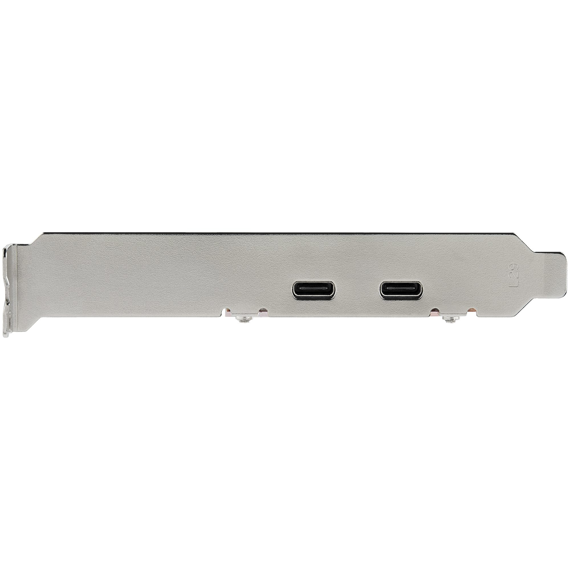 Eine silberne PCI-e-Karte mit zwei USB-C-Anschlüssen, Seitenansicht, auf weißem Hintergrund.