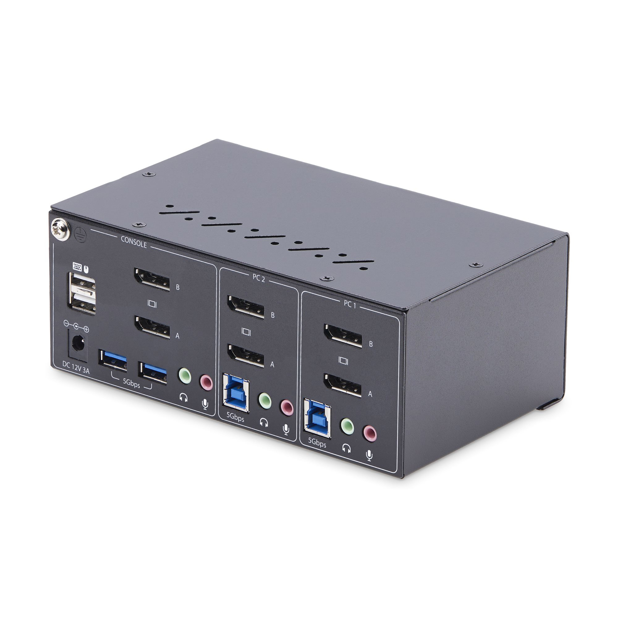 Zwarte KVM-switch met meerdere poorten, HDMI, USB en audio-aansluitingen, op witte achtergrond.
