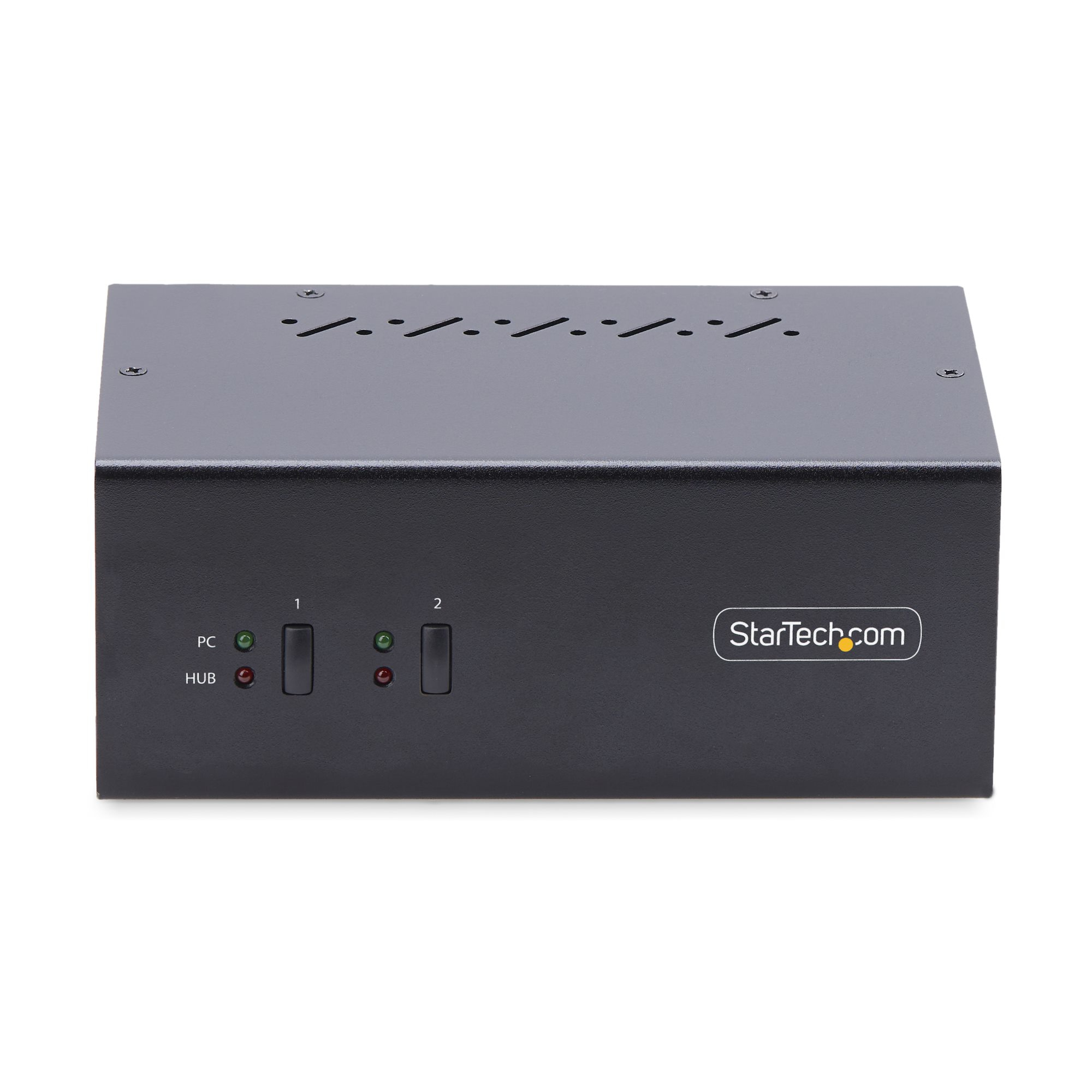 Zwarte StarTech.com switch met twee groene en rode indicatielampjes en PC/HUB labels.