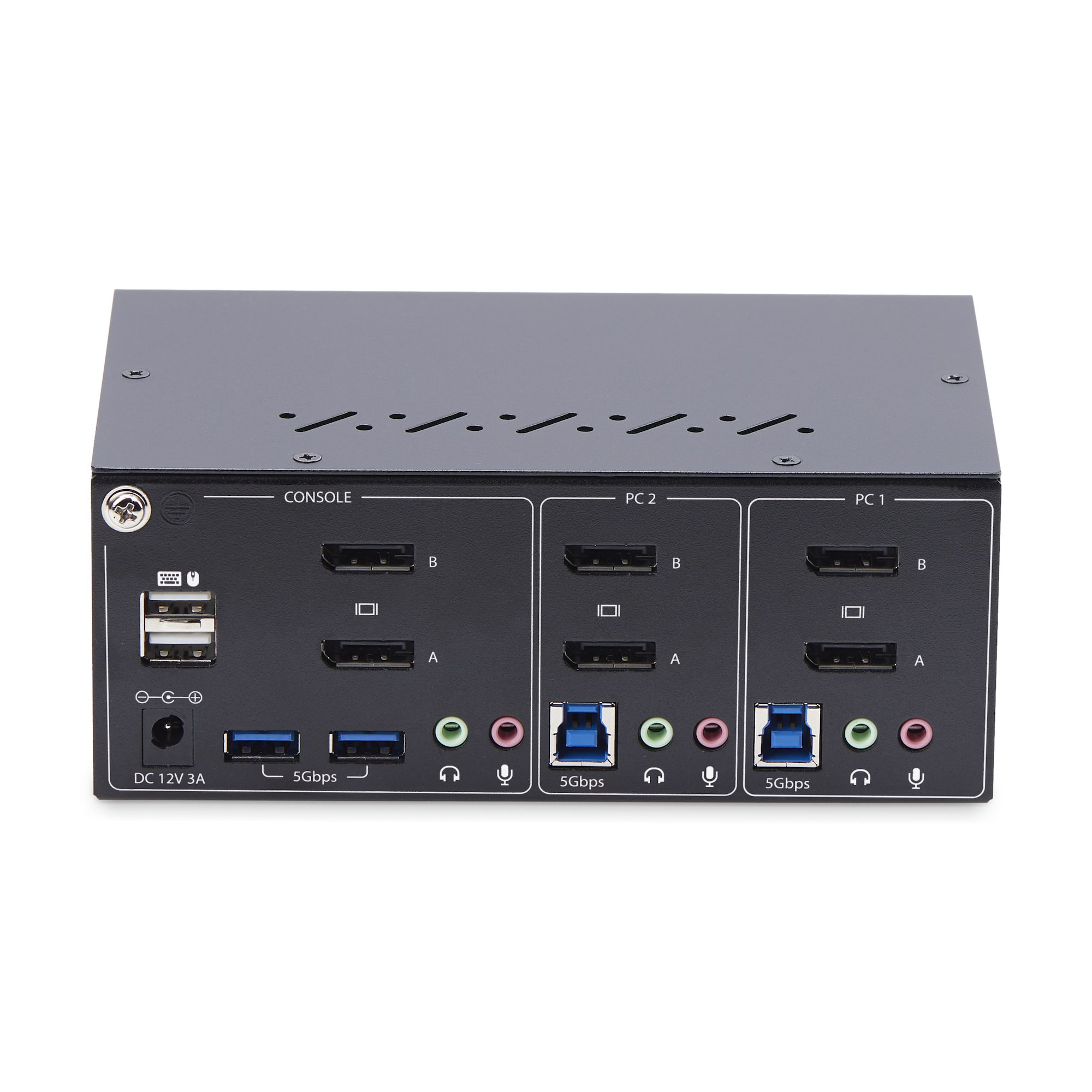 Een zwarte KVM-switch met meerdere poorten, waaronder USB, HDMI en audio, op een witte achtergrond.