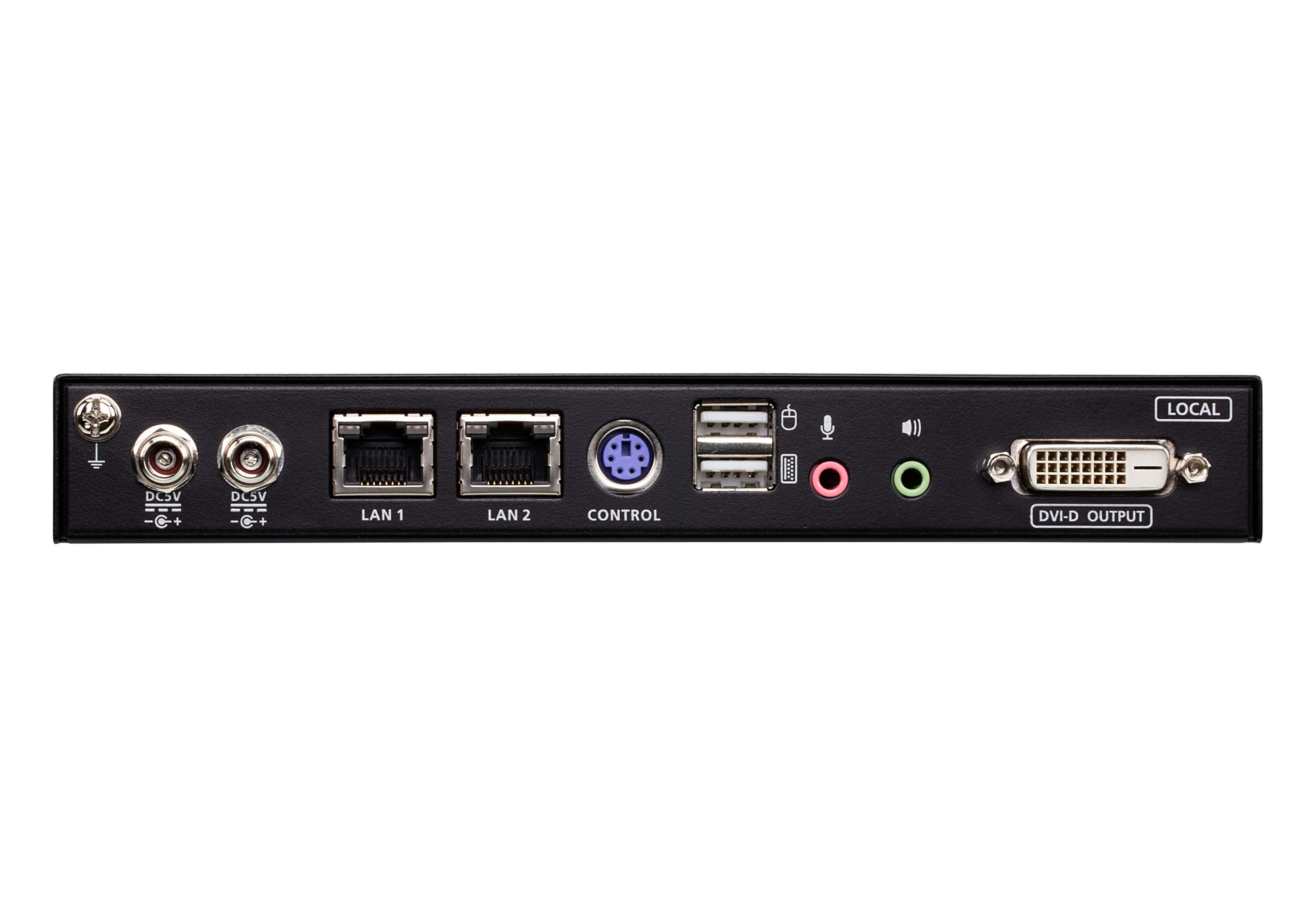 Rückseite eines schwarzen KVM-Switches mit verschiedenen Anschlüssen: LAN, USB, DVI-D usw. Weißer Hintergrund.