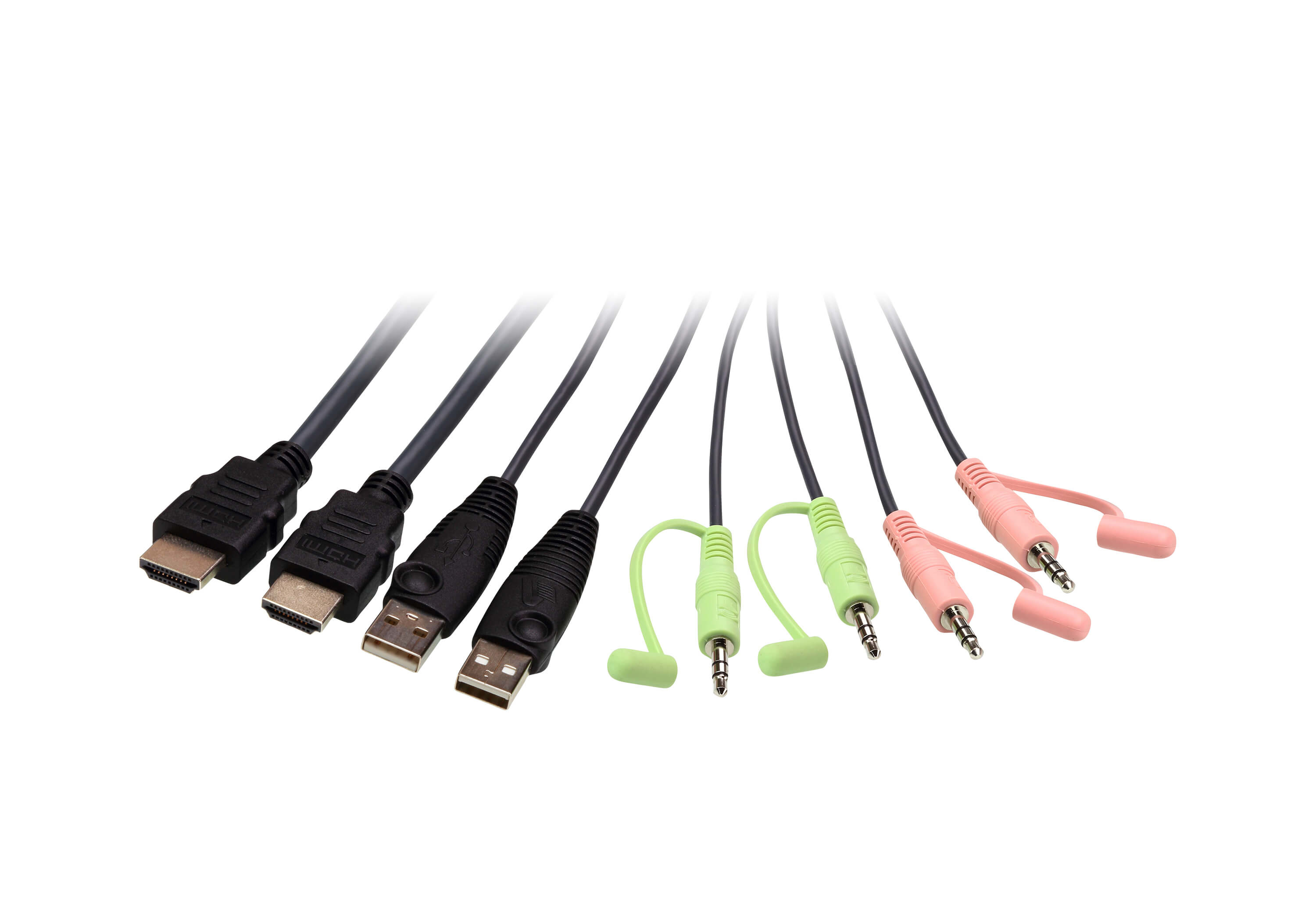 Verschiedene Audiokabel: HDMI, USB und Klinkenstecker in Grün und Pink.