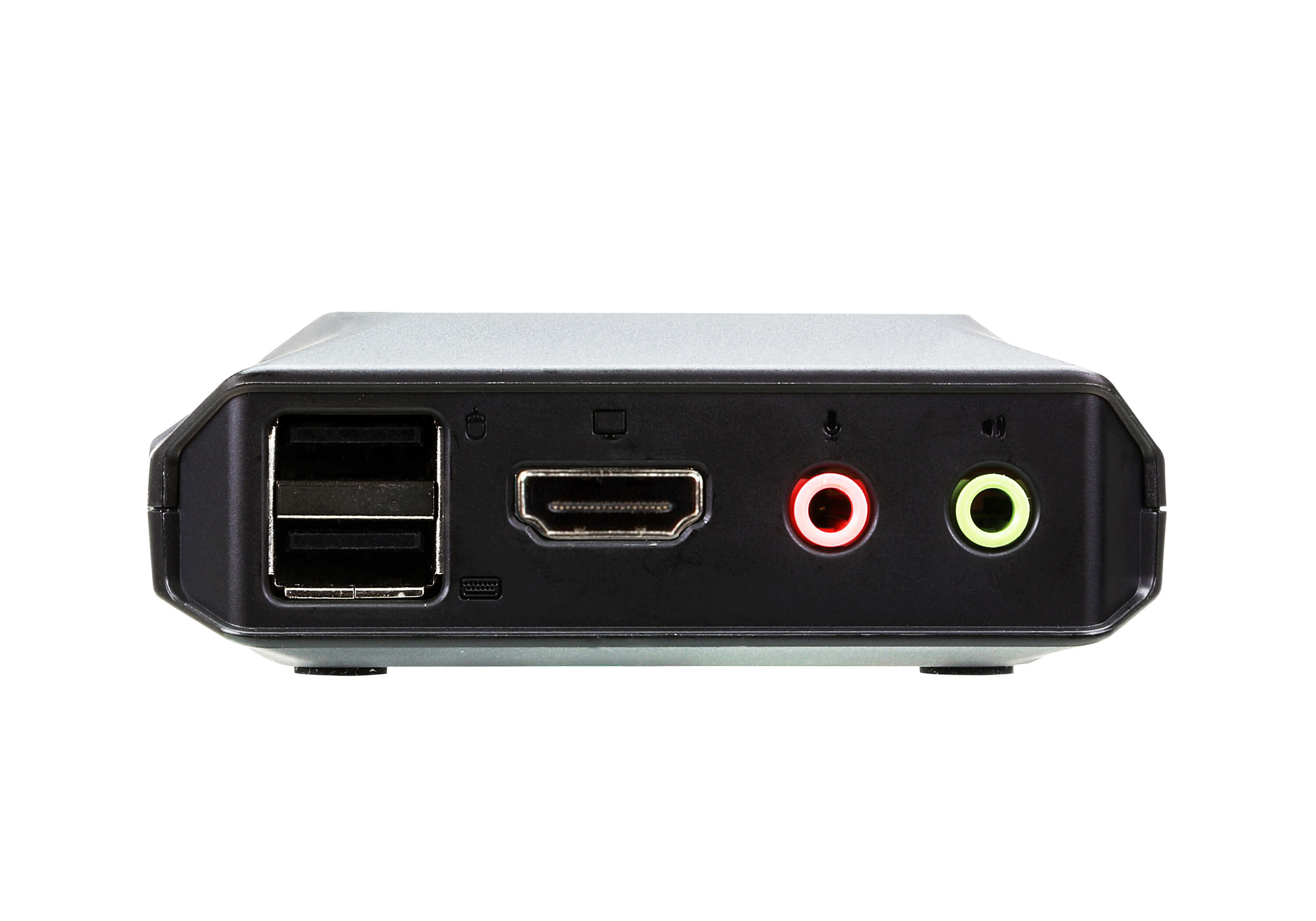 Schwarzes Gerät mit mehreren Anschlüssen: USB, HDMI, Audio. Weißer Hintergrund, Nahaufnahme.