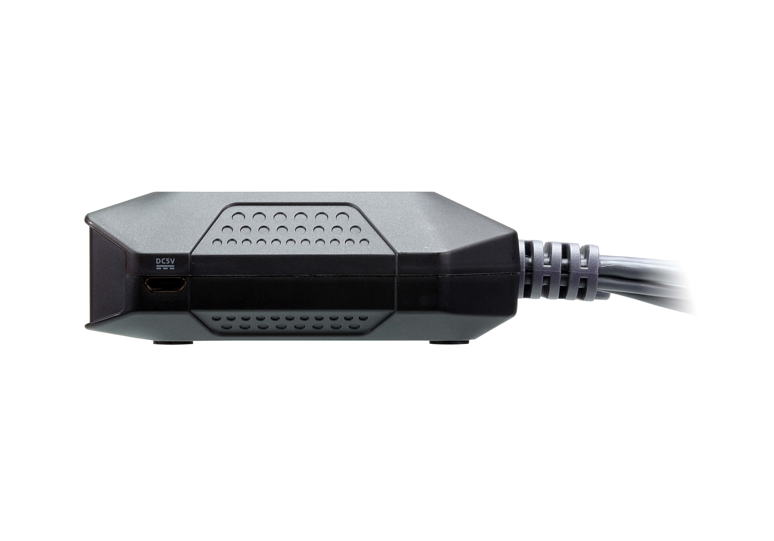 Schwarzes, abgewinkeltes Gerät mit Micro-USB-Anschluss, mit Draht verbunden.