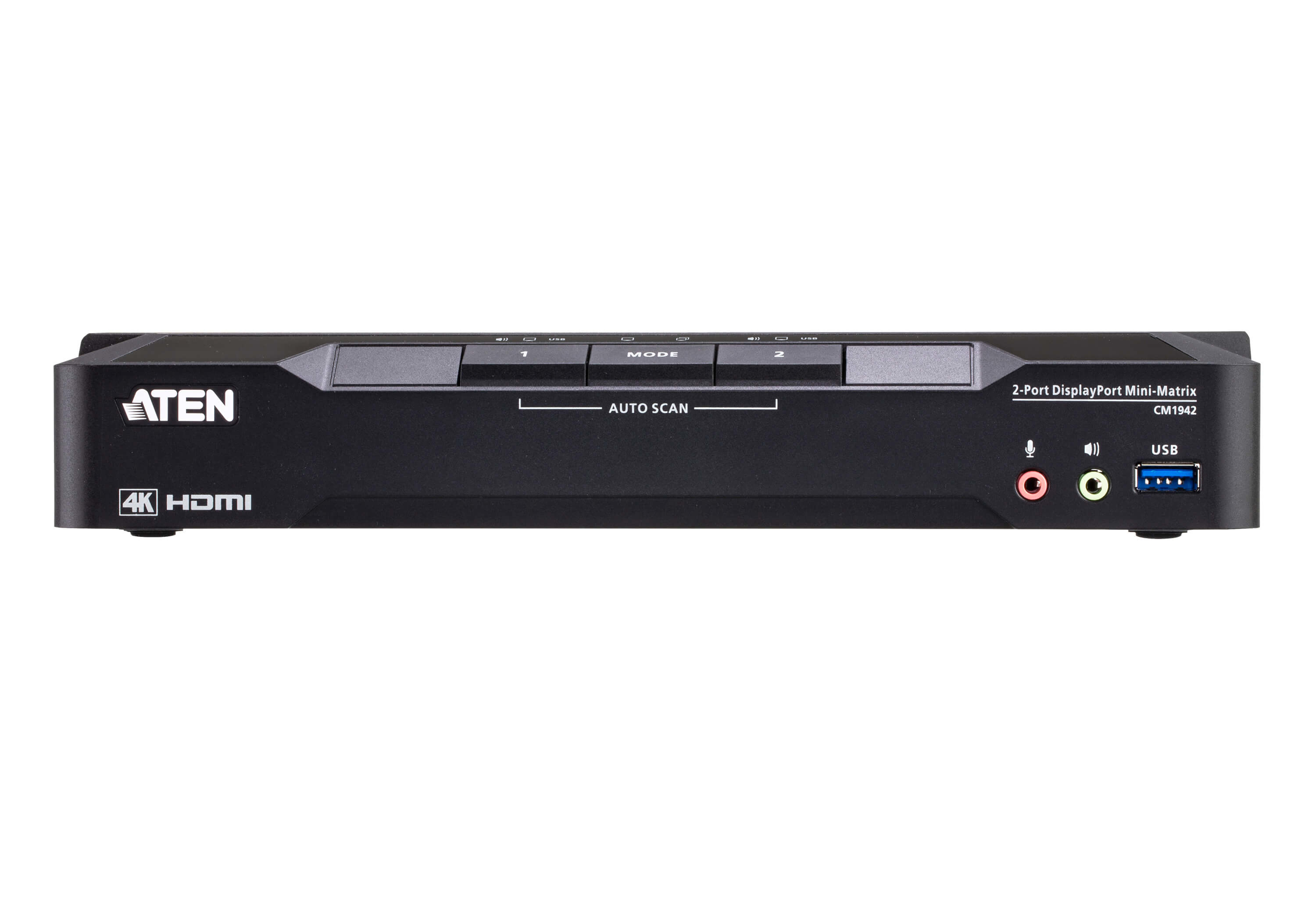 Schwarze ATEN 2-Port DisplayPort Mini-Matrix. Mit Tasten, Anschlüssen und der Aufschrift 4K HDMI.