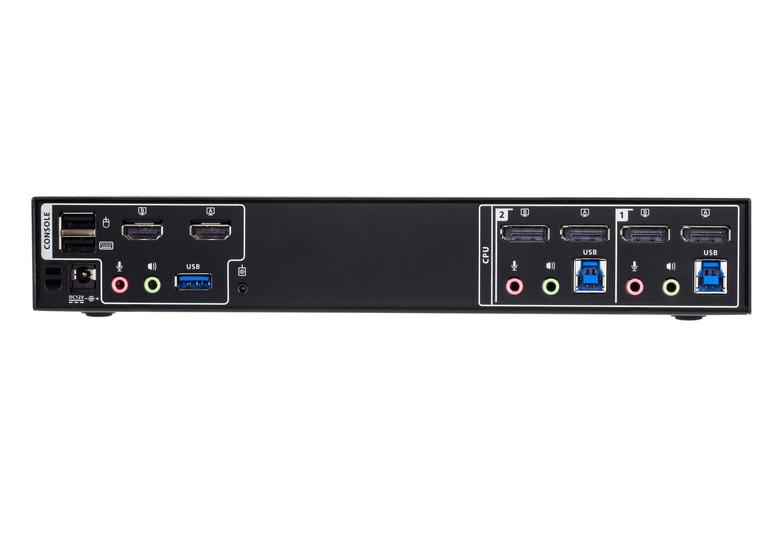Ein schwarzer KVM-Switch mit Anschlüssen für Konsole und CPU auf der Frontplatte. Er befindet sich auf weißem Hintergrund.