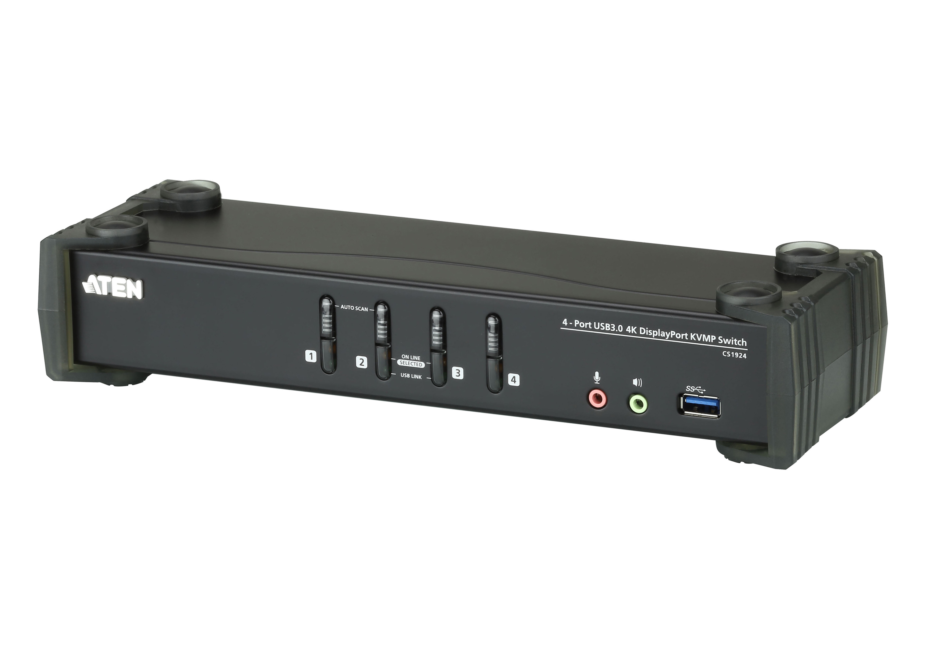 Ein schwarzer ATEN 4-Port USB 3.0 4K DisplayPort KVM-Switch.