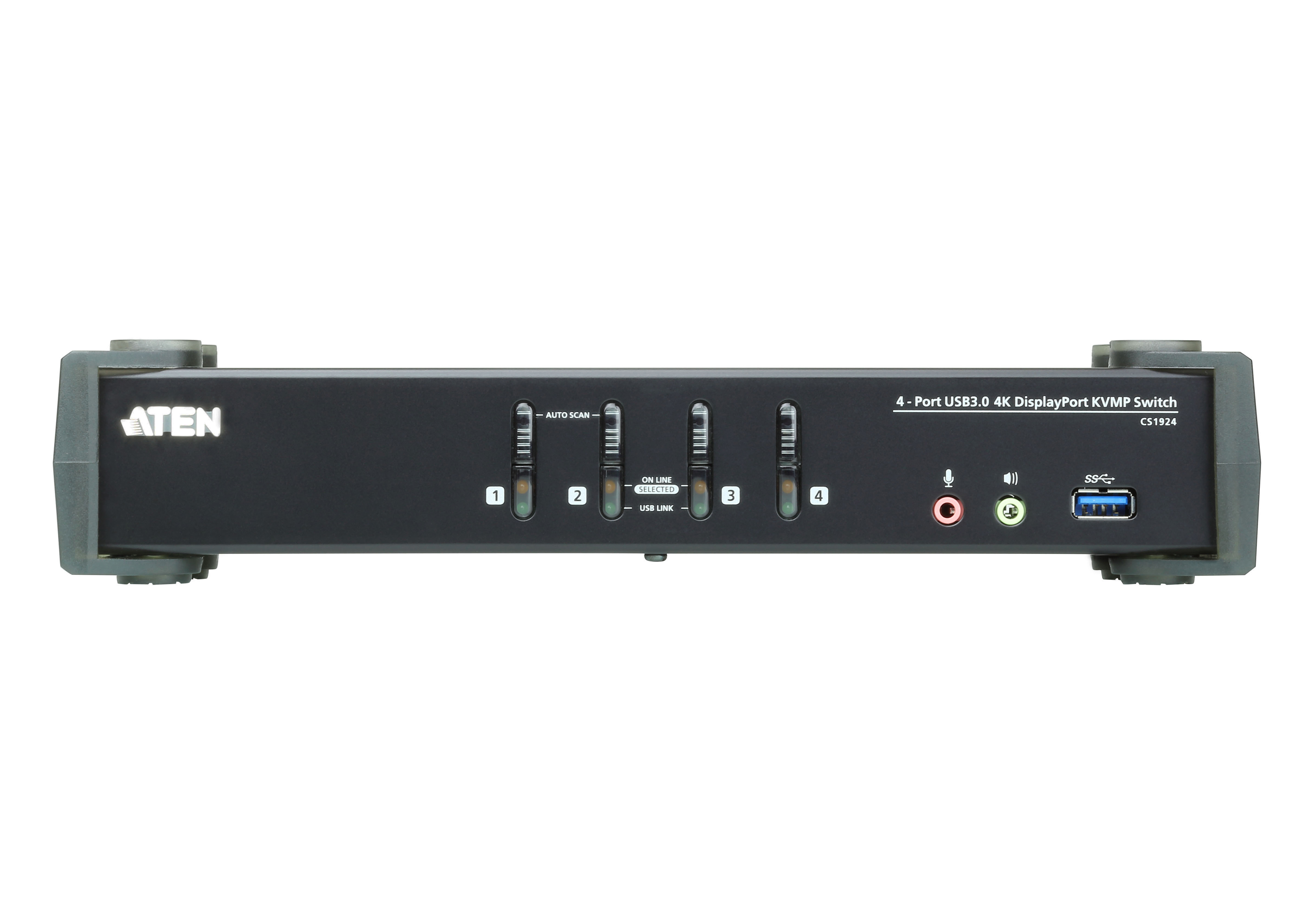 Ein schwarzer KVM-Switch mit mehreren Anschlüssen und Tasten, beschriftet mit Anschlüssen und USB 3.0.
