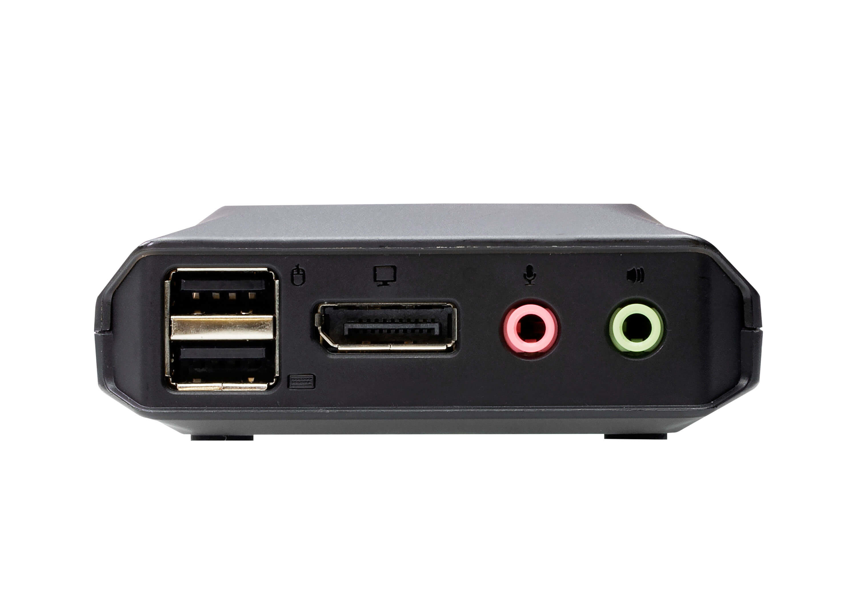 Zwart apparaat met USB-, HDMI- en audiopoorten. Witte achtergrond.