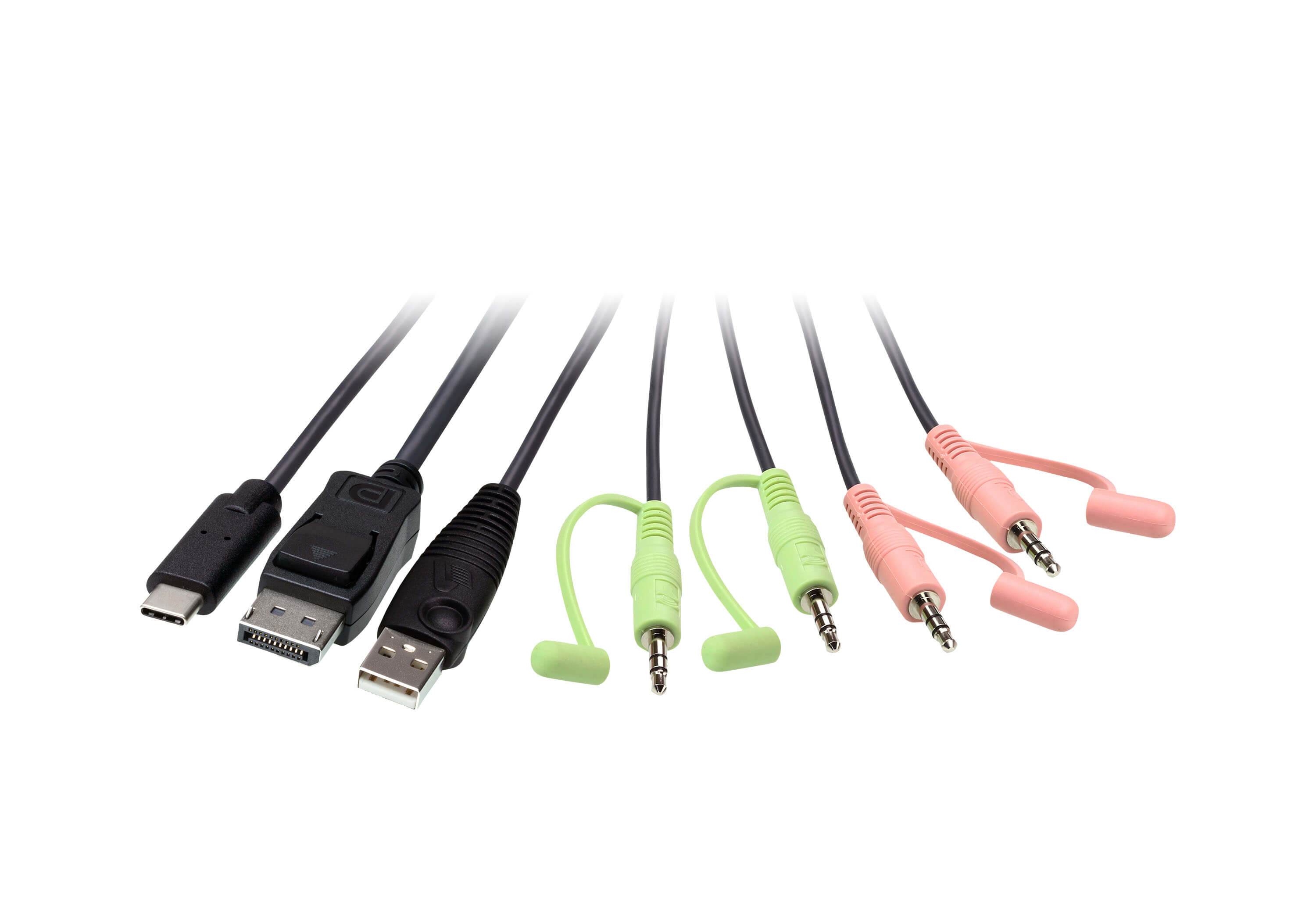 Meerdere audiokabels met verschillende connectoren. USB-C, displaypoort en audio-aansluitingen.