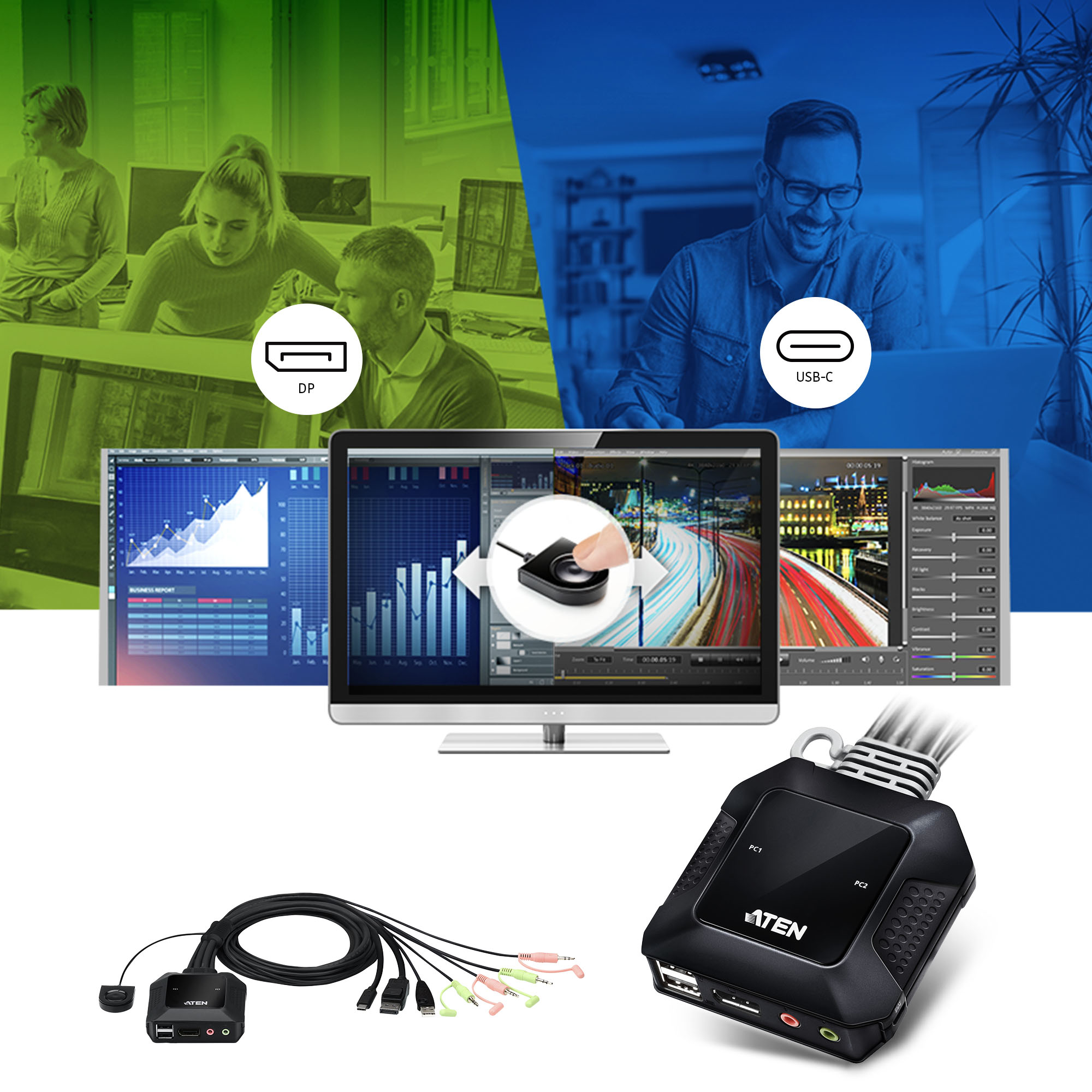 Een zwart ATEN-apparaat aangesloten op monitoren en computers. Mensen werken op computers met verschillende schermen.
