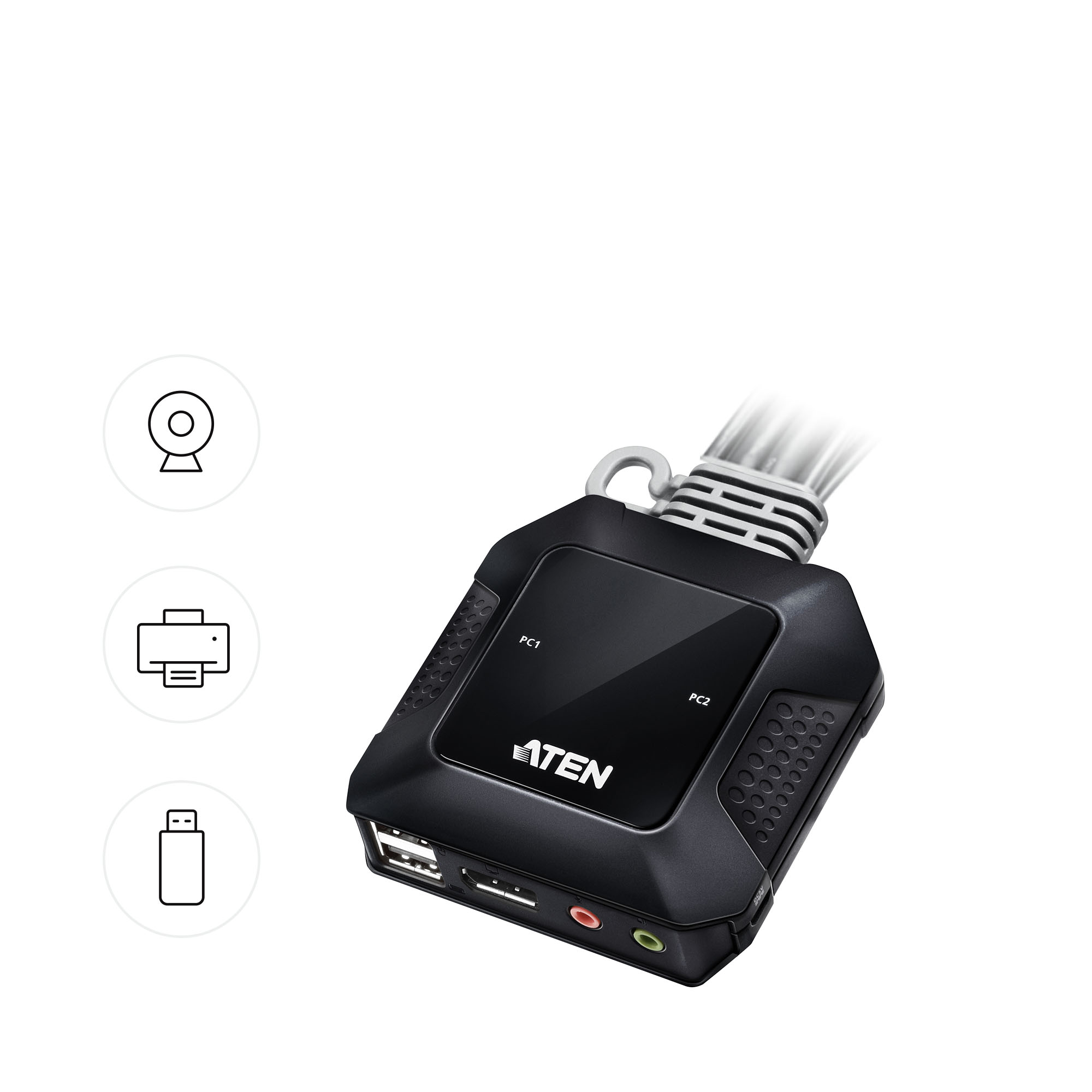 Zwarte ATEN KVM-switch met USB-poorten en pictogrammen voor camera.