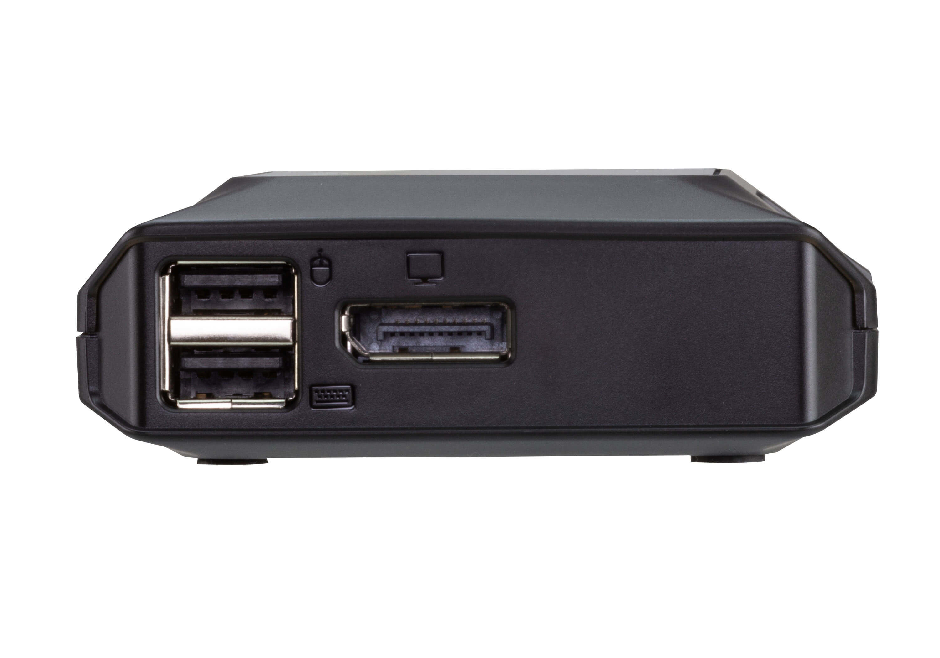 Un appareil noir avec ports USB, HDMI et autres sur fond blanc.