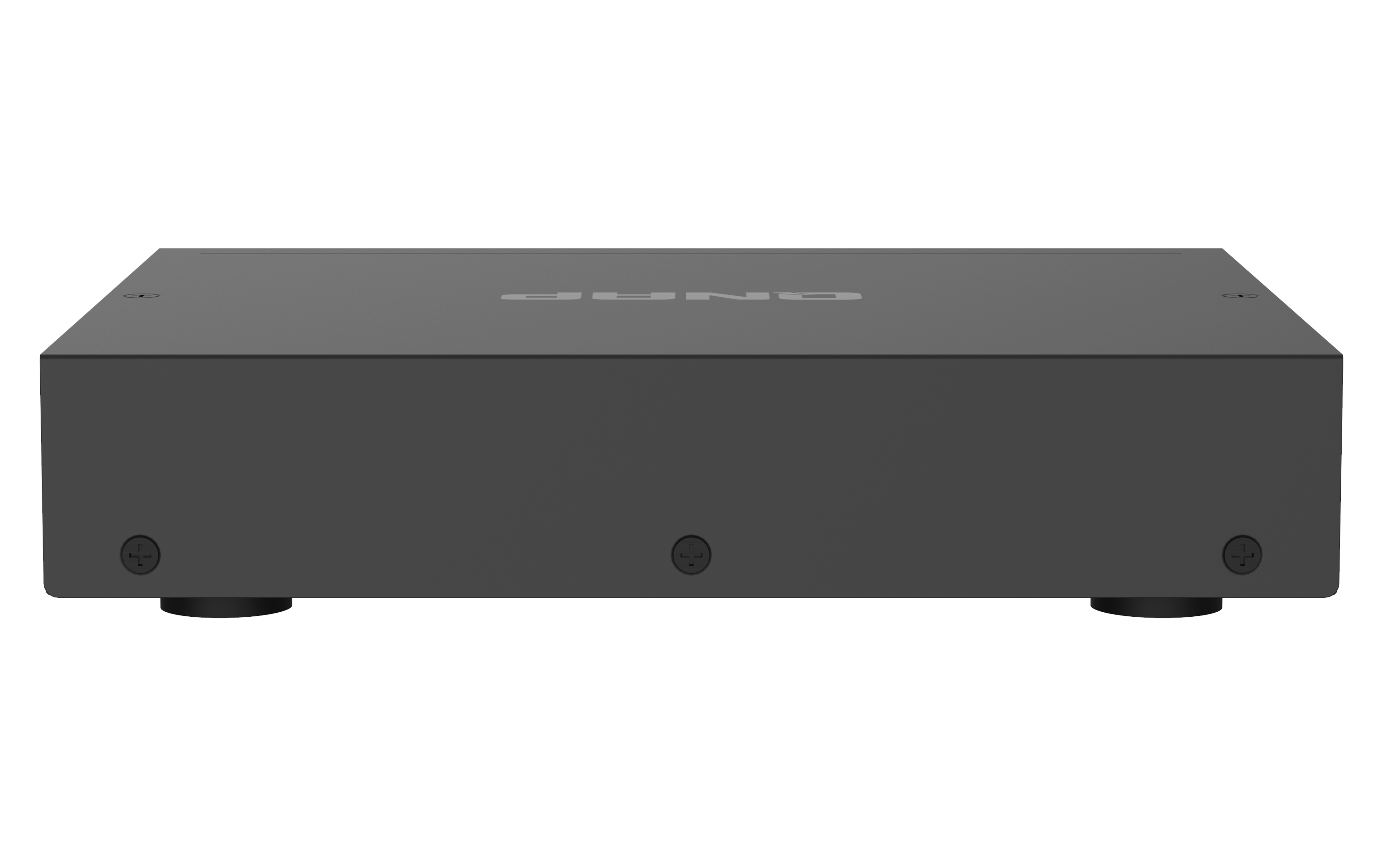 Czarne urządzenie z nazwą QNAP na górze, stoi na czterech małych nóżkach.