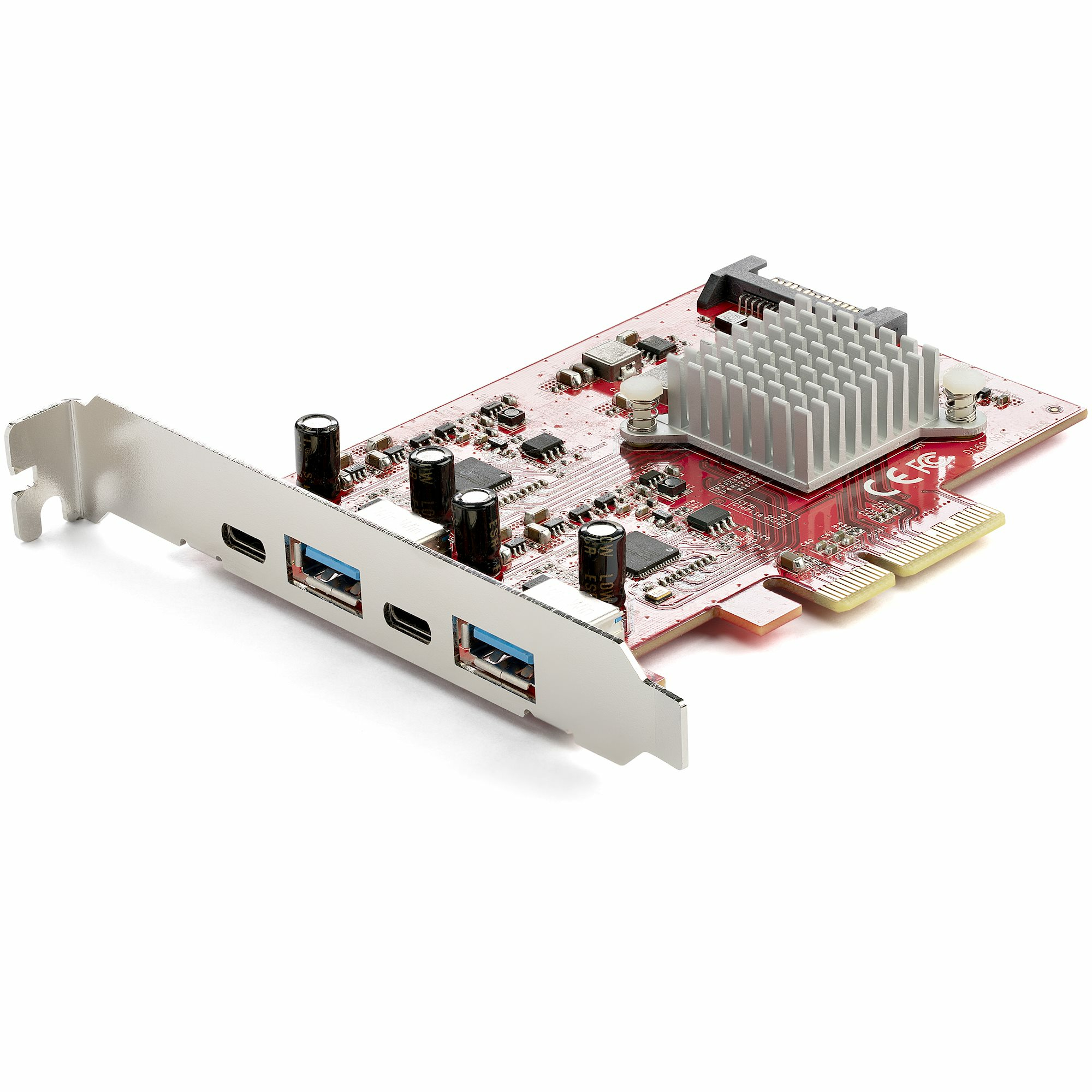 Rote und silberne PCI-e-Karte. Hat mehrere USB-Anschlüsse und einen silbernen Kühlkörper. Weißer Hintergrund.